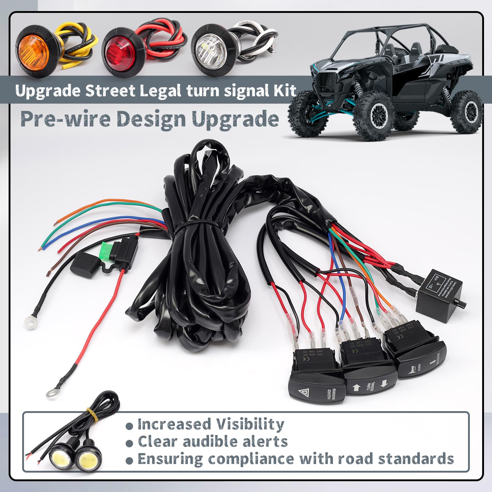 Erchon Pre-Wired Atv Utv Turn Signal Horn Kit,Universal Street Legal Kit Warning Light Rocker Switch Kit With 1Horn Reverse Ligh