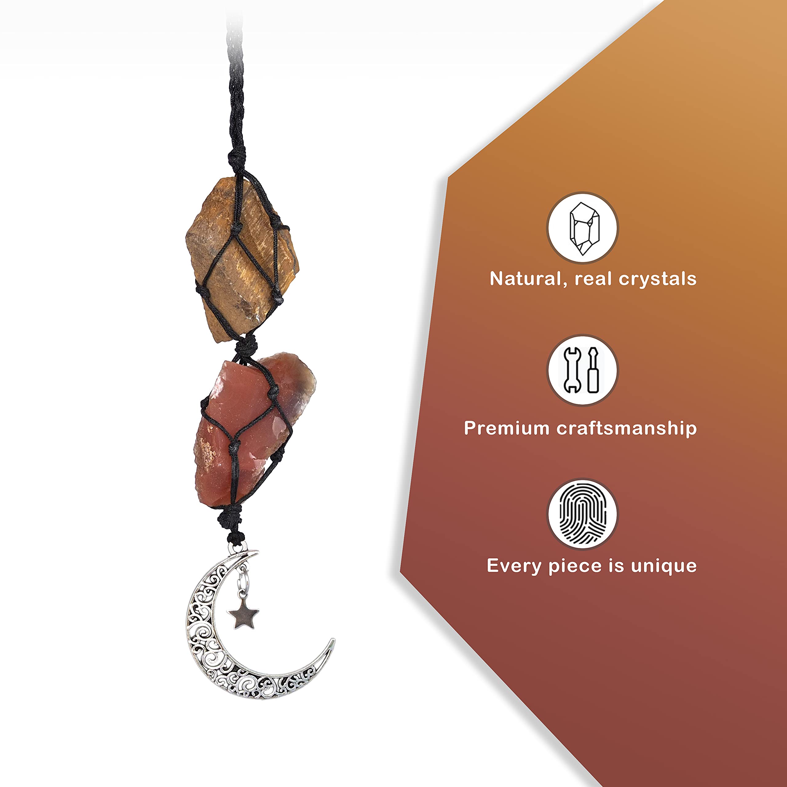 Boho Garden Hanging Car Charm - Tiger'S Eye & Carnelian - Dangling Moon, Healing Crystal Accessories, Rearview Mirror Decorations - Courage, Harmony, Resilience, Transformation, Joy Of Life, Energy