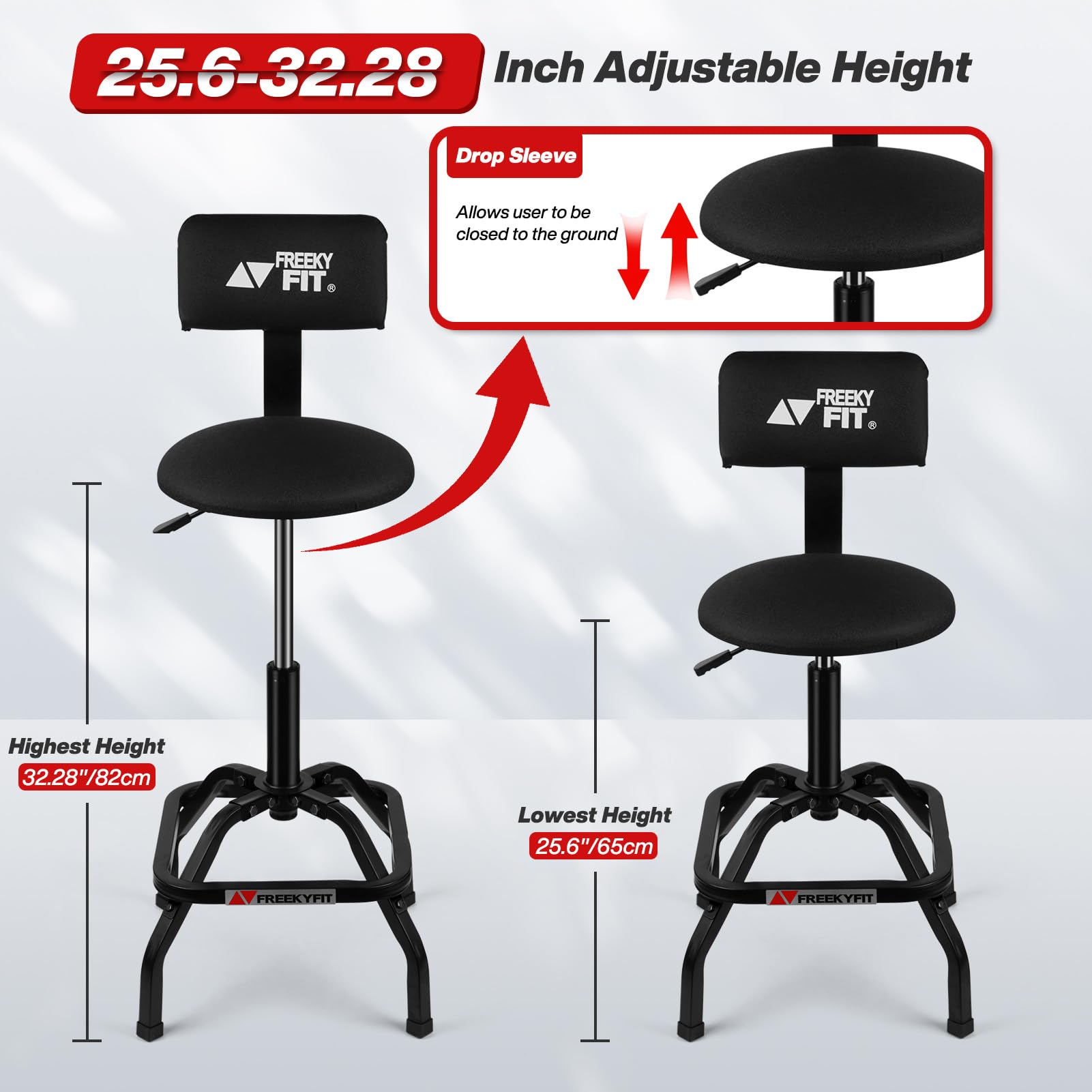 FreekyFit Adjustable Shop Stool with Backrest, Heavy Duty Metal, 300 LBS Capacity, 360° Swivel, Black, Model D05-B, 13.78"W x