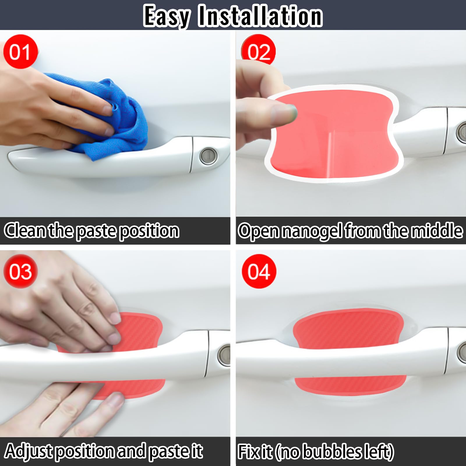 Worcas 4Pcs Universal 3D Carbon Fiber Car Door Handle Paint Scratch Protector Sticker Auto Door Handle Cups Protective Pad(L-Red