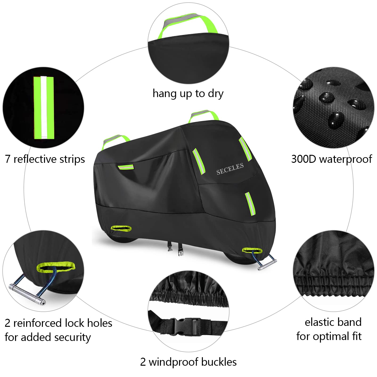 Motorcycle Cover Waterproof Outdoor All Weather 300D Oxford Fabric 2 Windproof Buckles 7 Reflective Stripes Waterproof Inner Tap