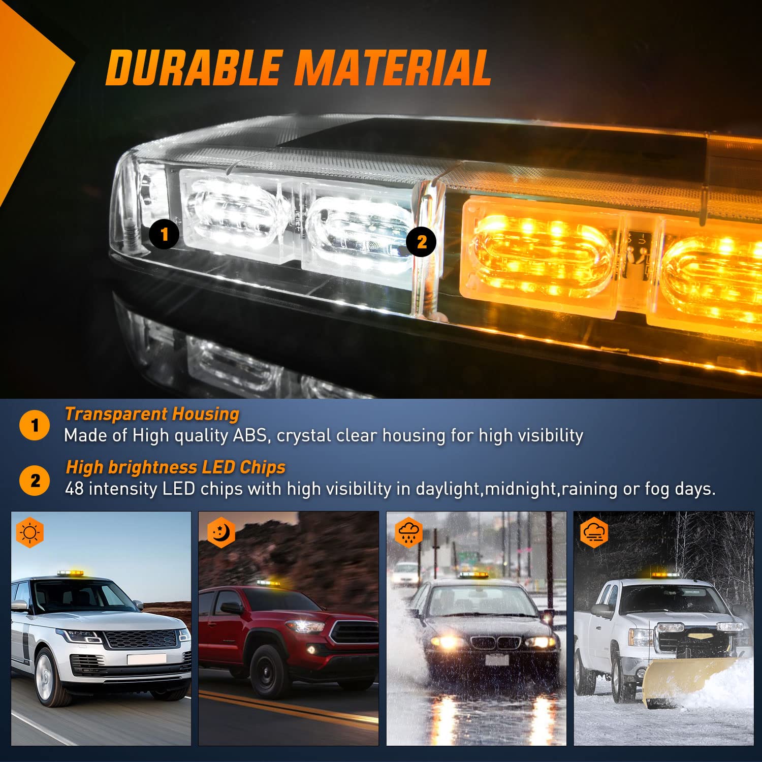 Nilight 12 Inch Roof Top Strobe Lights, 48Led Hazard Light Emergency Safety Warning Led Flashing Light Bar Magnetic Mount, 12V-2