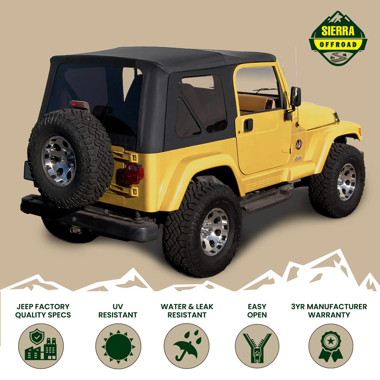 Sierra Offroad Soft Top for 1997-2006 Jeep Wrangler TJ, Black Sailcloth, 2 Door, Factory Fit Replacement, No Upper Door Skins