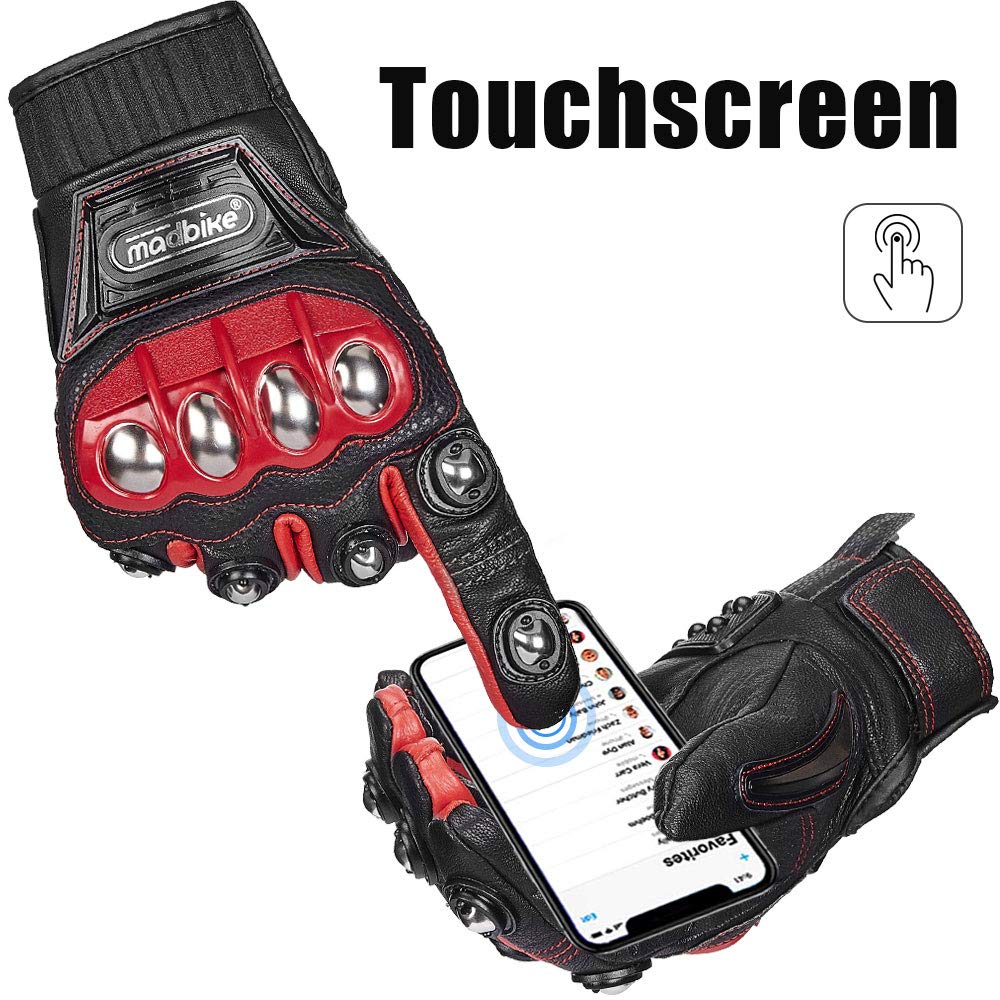 Ilm Alloy Steel Leather Hard Knuckle Touchscreen Motorcycle Bicycle Motorbike Powersports Racing Gloves (L, (Leather) Red) Model