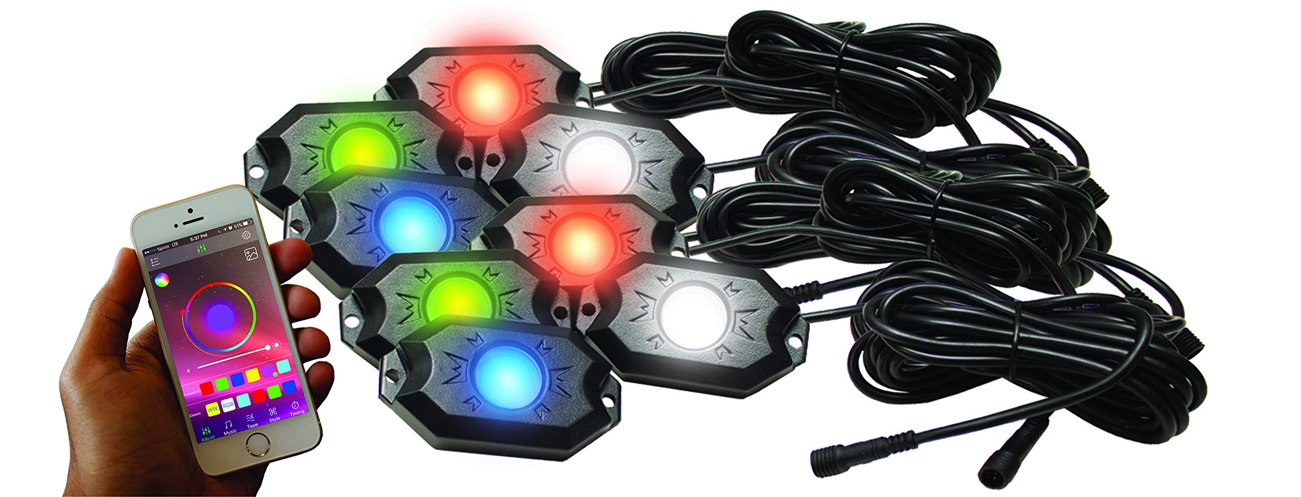 Race Sport Lighting Rs8Prgbw New 8-Pod Rgb+W Hi-Power Rock Light Complete Kit With Bluetooth App Controls In Retail Box,Black