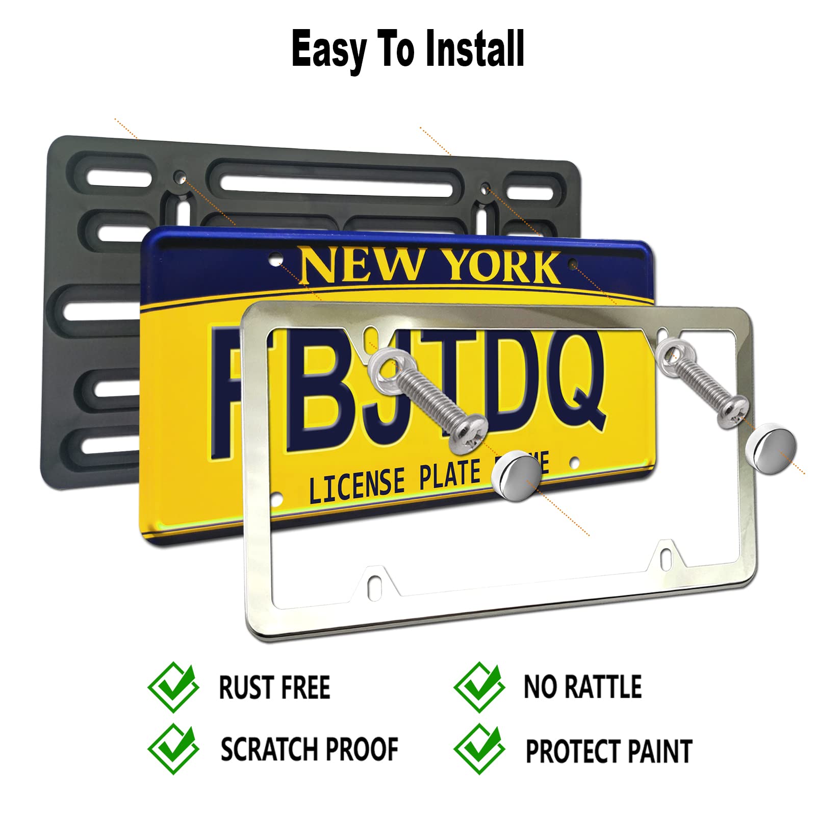 Fbjtdq Front License Plate Mounting Kit- Stainless Steel License Plate Frame And Universal Bracket For No Drilling Hole Front Bu