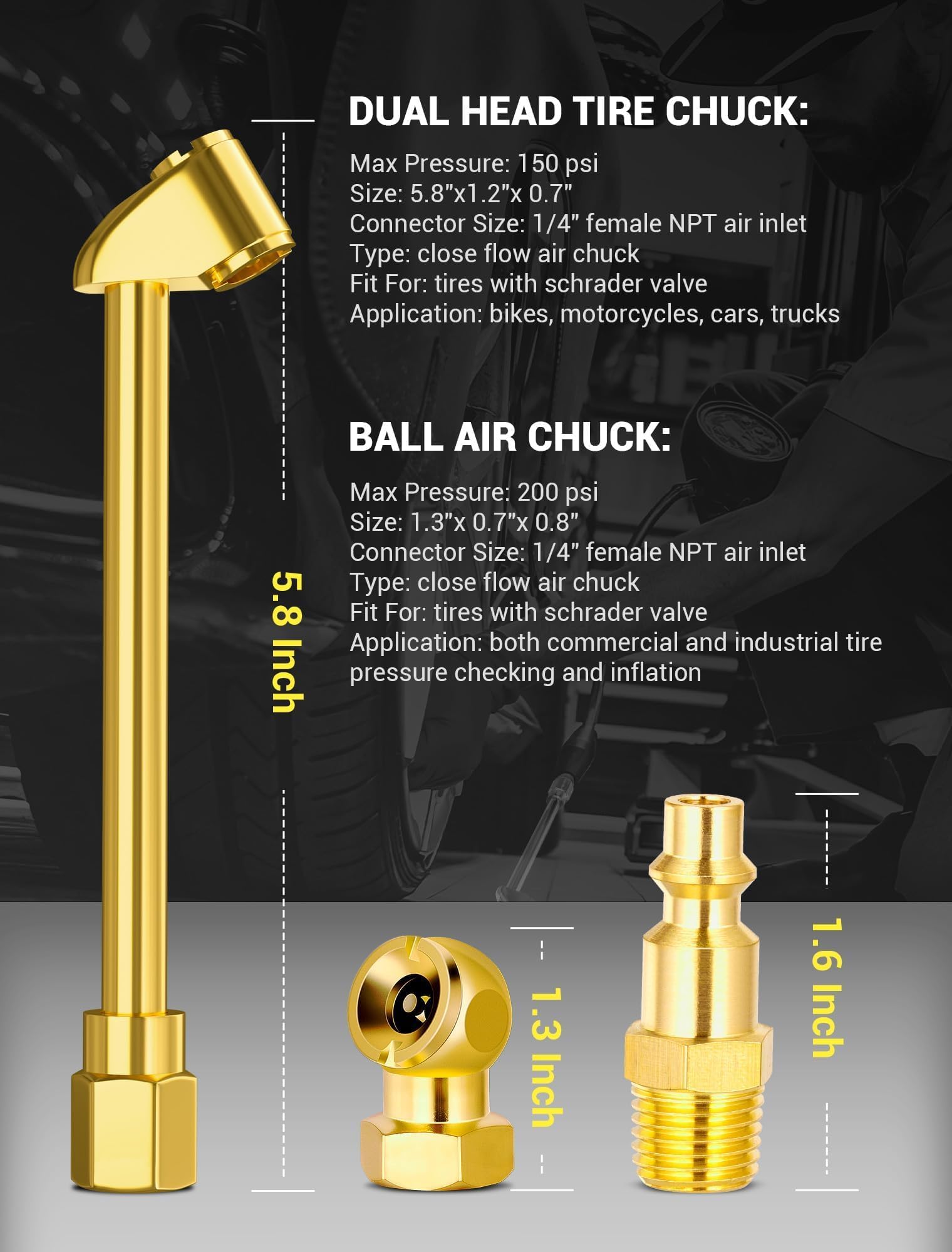 Lumiteco Heavy Duty Dual Head Air Chuck Set, Closed Ball Tire Chuck & 1/4'' Npt Male Quick Plug & 4* Valve Caps, No Air Leakage