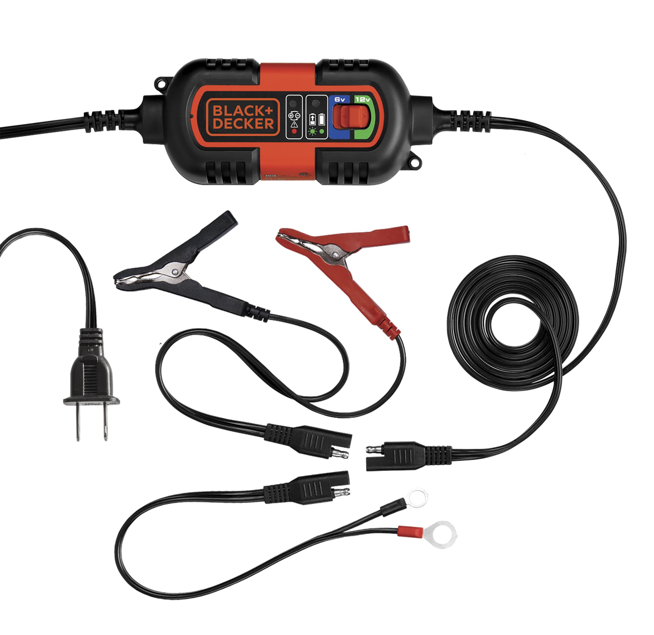 BLACK+DECKER BM3B 6V/12V Fully Automatic Battery Charger/Maintainer, 1.5 Amp, Multi Color with Cable Clamps and O-Ring Terminals