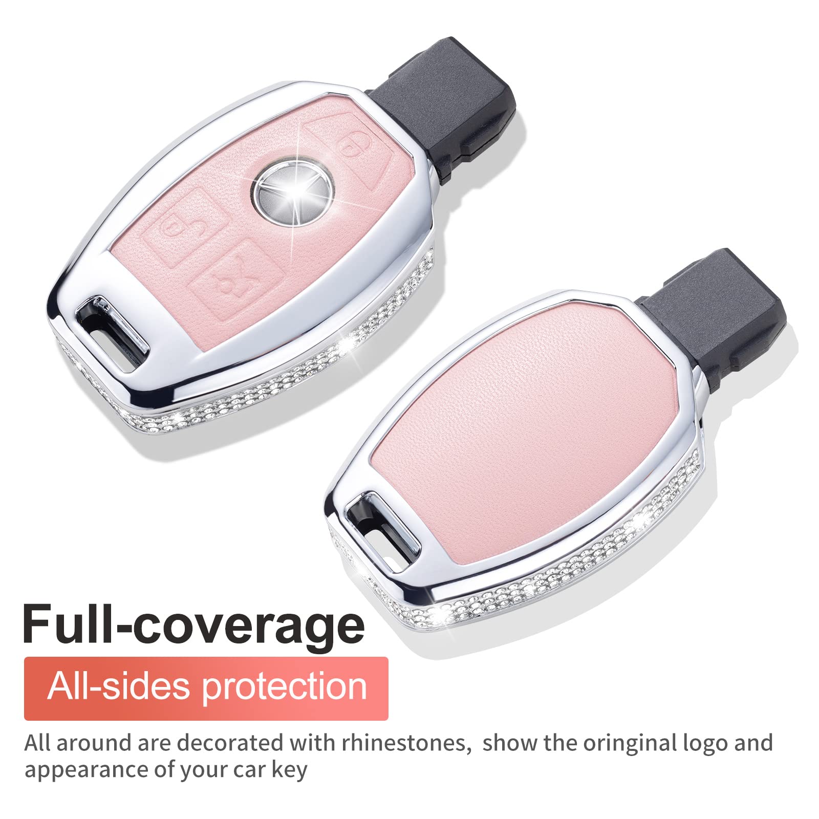 Ruabiban Compatible With Mercedes Benz Key Fob Cover With Keychain, Pink Genuine Leather Crystal Key Case Protection Shell Fit F