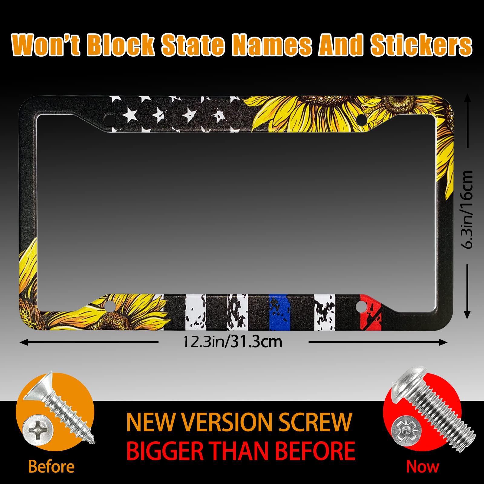 PAUSEBOLL Aluminum American Flag License Plate Frame Set of 2, 12.3" x 6.3", CP-Sunflower Flag Design for Cars