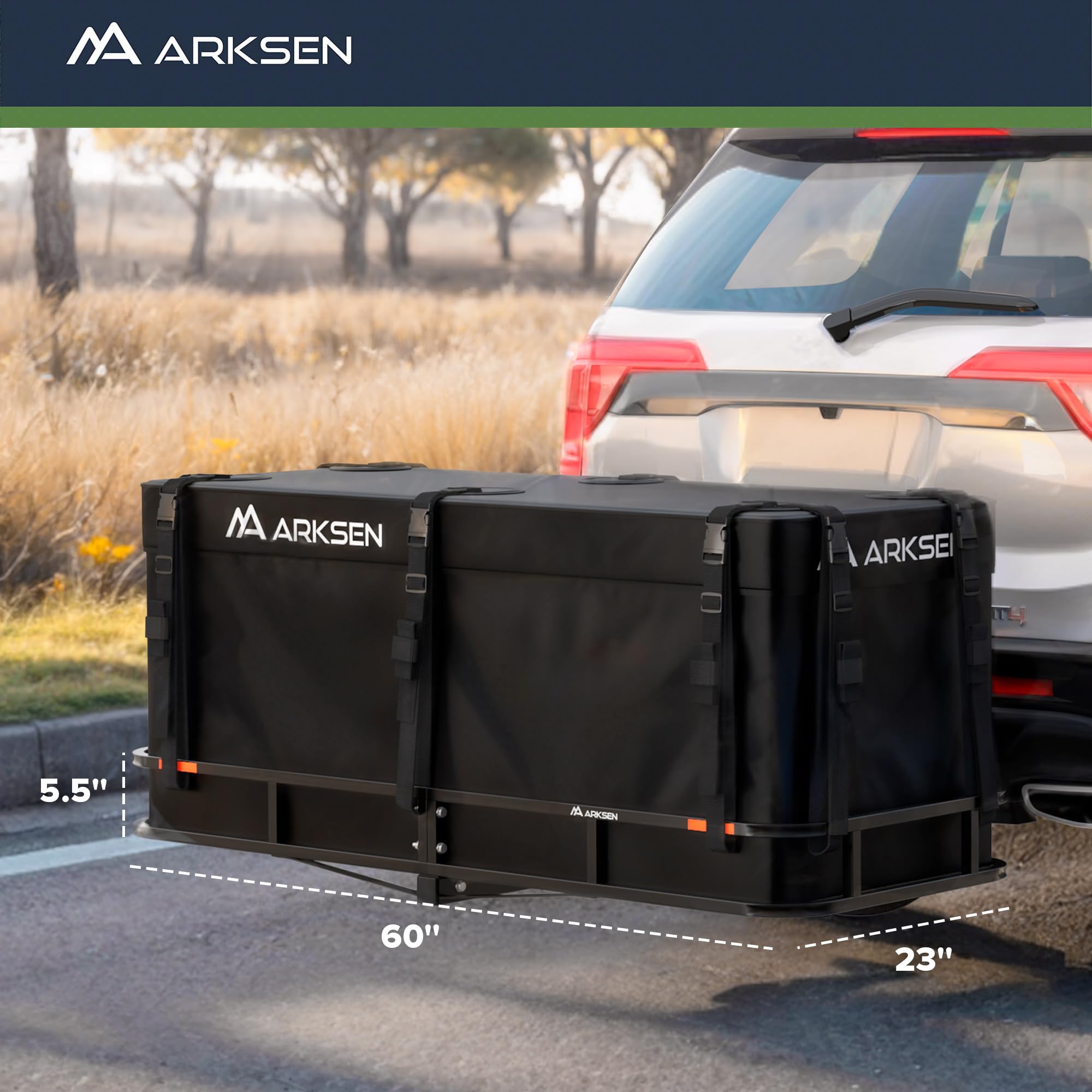 Arksen 60 X 23 X 5.5 Inch Folding Hitch Cargo Carrier With 500D Pvc Waterproof Cargo Bag, 2 Ratchet Straps, 500 Lbs Capacity Hea