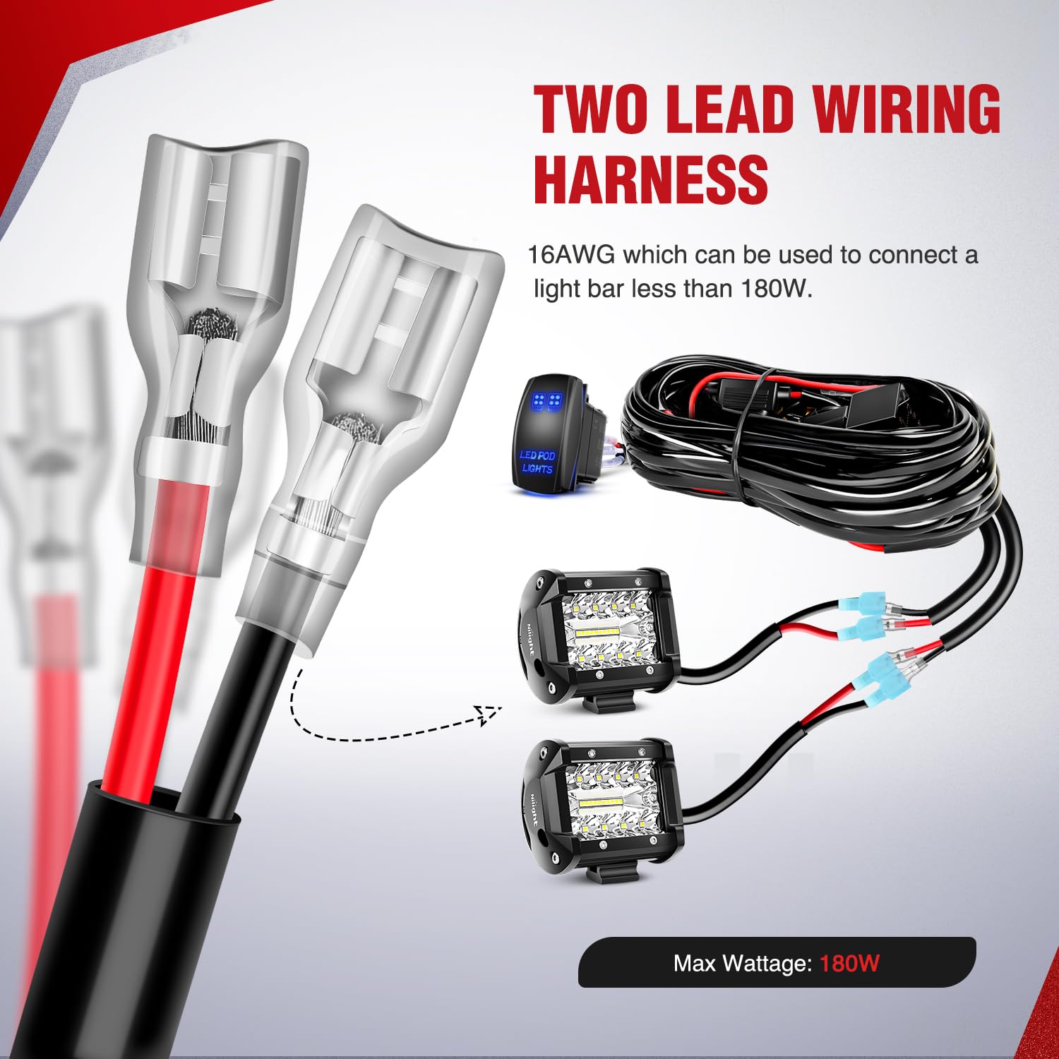 Nilight 16Awg Led Pod Lights Wiring Harness Kit Led Light Bar 12V 5Pin Rocker Switch Laser On Off Waterproof Toggle Switch Power