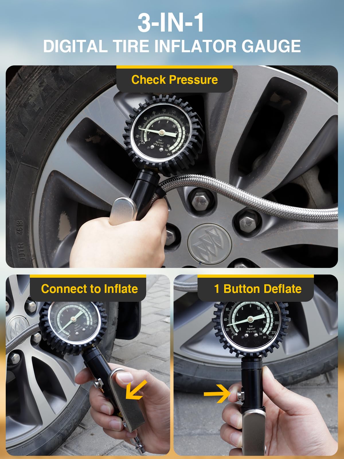 AZUNO Tire Pressure Gauge 230PSI, Analog with Case, 2.6" Glow Dial, Steel Braided Hose, Quick Connect for Truck/Car/SUV/RV/Bike