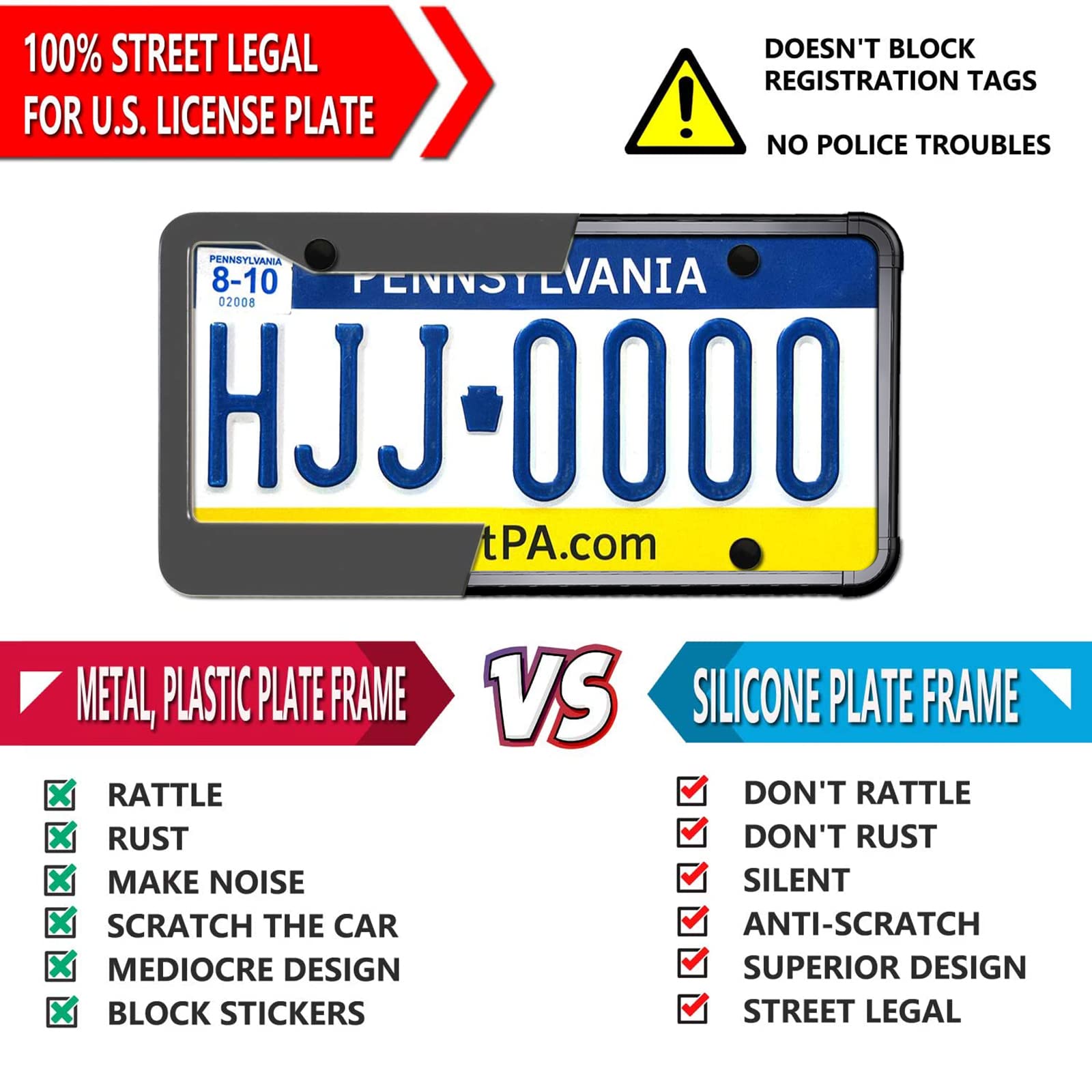 Zxfoog Black License Plate Frame- Silicone License Plate Cover Holder For Front Or Rear Car Tag, Rustproof Rattle Proof With Mou