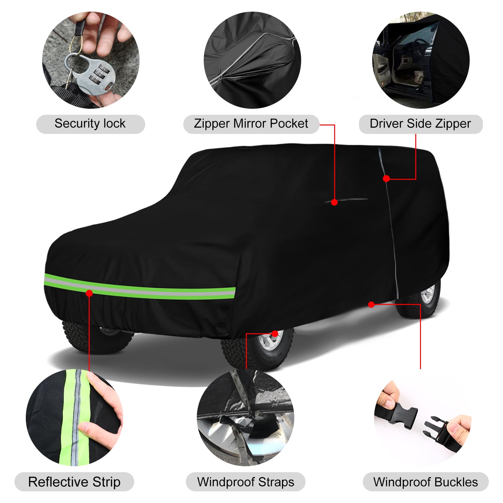 sportuli Waterproof Car Cover for 1965-1977 Ford Bronco, Black, 6 Layers, Zipper Door, Windproof, All Weather Protection