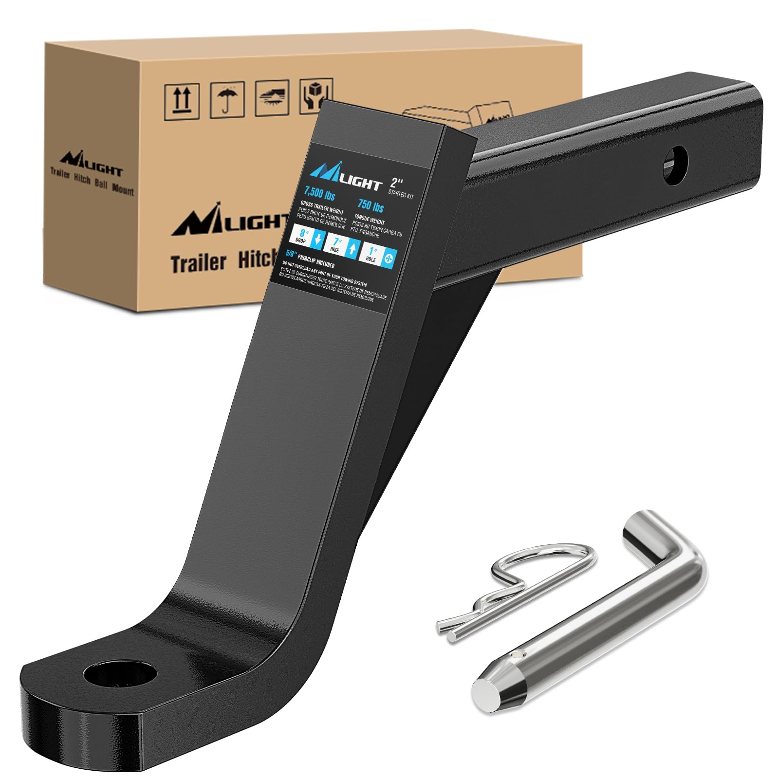 Nilight Trailer Hitch Ball Mount With 5/8'' Hitch Pin Clip Fits 2 Inch Receiver Square 7500 Lbs 8'' Drop 7    Rise 1    Hole Glo