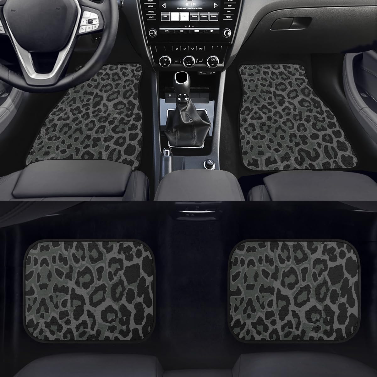 LONSANT Leopard Print Car Floor Mats Set of 4, Polyester, 26.8"x17.3"x14.8", Black Grey Green, Model A-47, Universal Fit for Cars