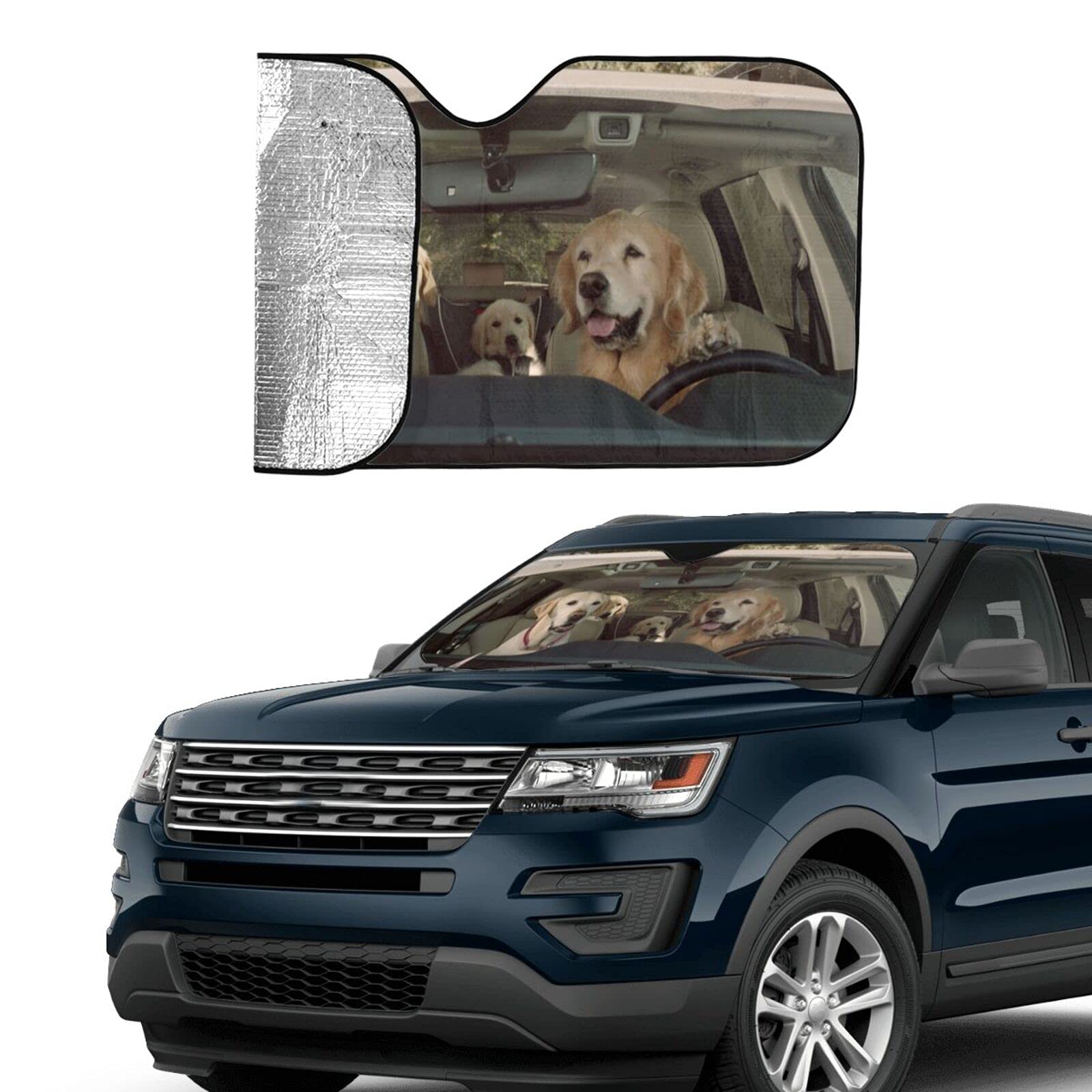 Two Dogs Driving Car Front Windshield Sun Shade,Auto Sunshade For Car Truck Suv - Blocks Uv Rays Sun Visor Protector (51 X 27.5Inch,Upgrade Hardened)