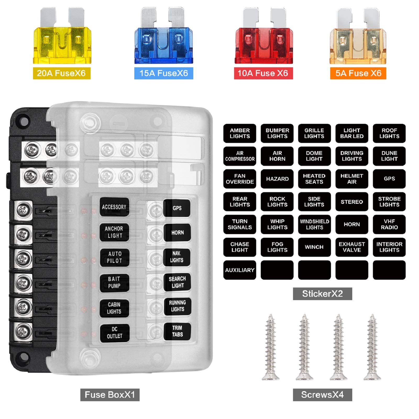Deyooxi 12 Way 12V Blade Fuse Block,12 Circuit ATC/ATO Fuse Box Holder with LED Indicator Waterpoof Cover for 12V/24V Automotive