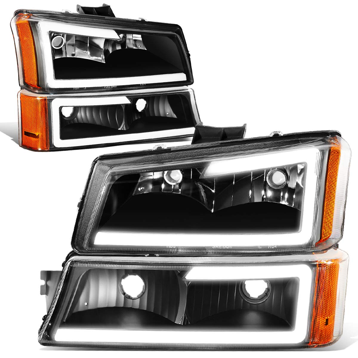 Dna Motoring Hl-Lb-Csil03-Bk-Am Black Amber 3D Led Drl Headlight Bumper Lamp Set Compatible With 03-06 Silverado 1500-3500 / Ava