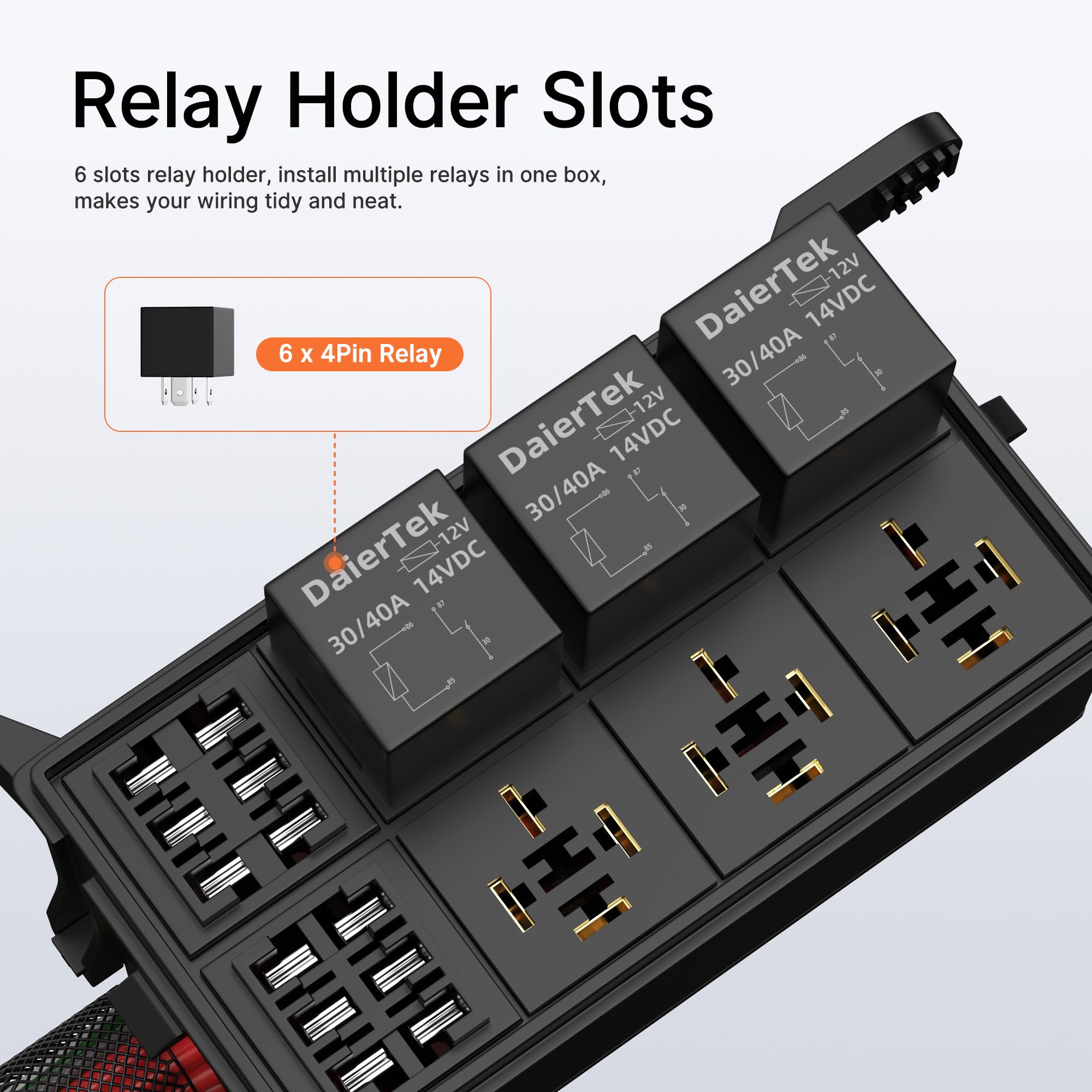 DAIERTEK 12V Relay Box 6 Way, Waterproof Pre-Wired Relay Panel, Model RB-R6F6-W2, for Automotive & Marine Use