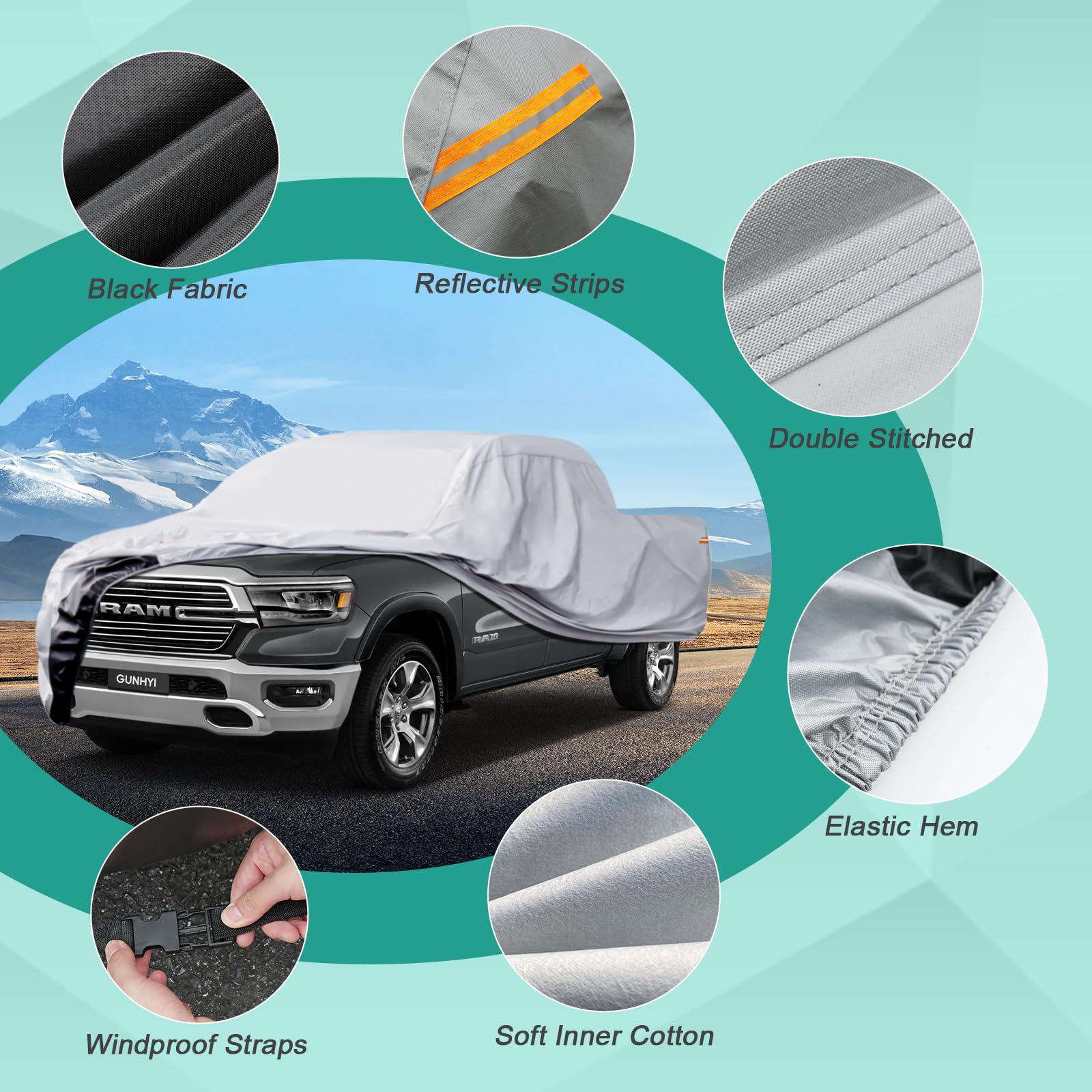 Gunhyi Pickup Truck Cover Waterproof All Weather, 6 Layer Full Size Cover Universal Fit Chevy S10/C10, Ford F100, Ram 1500, Silv