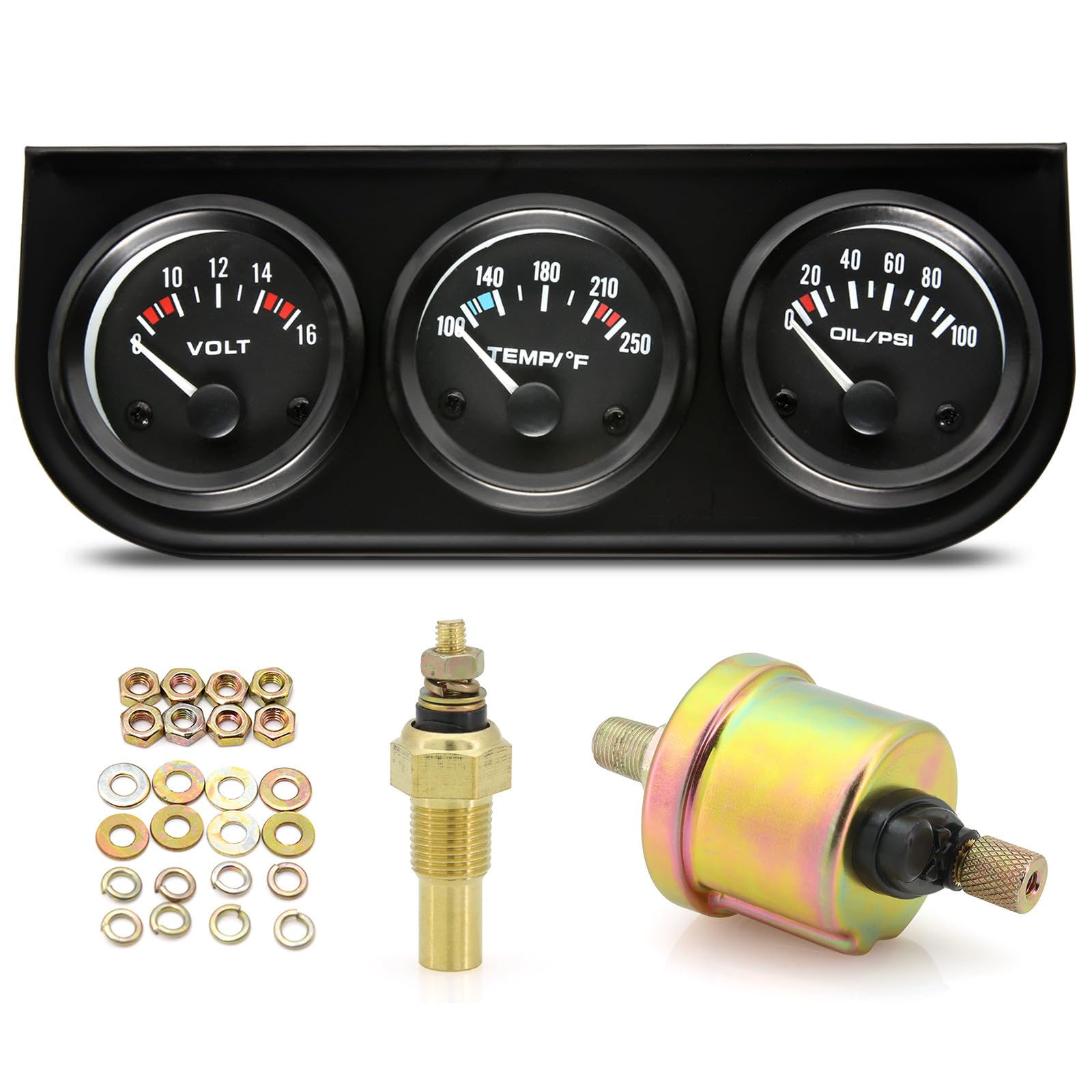 Artilaura 52Mm 3 In1 Car Auto Gauge Kit (Volt Meter+Water Temp+Oil Pressure Meter) Stainless Steel Triple Auto Dashboard Gauge S