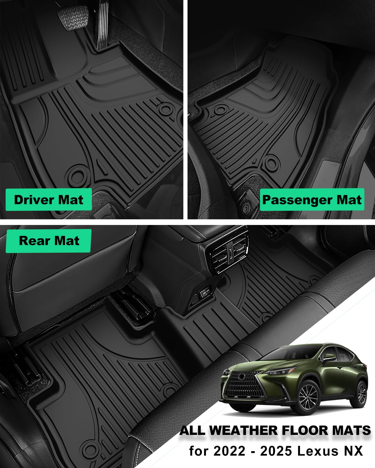 IKABEVEM Heavy Duty Floor Mats for 2022-2025 Lexus NX/NX Hybrid - TPE All Weather Liners, 1st & 2nd Row, Black, Model FM