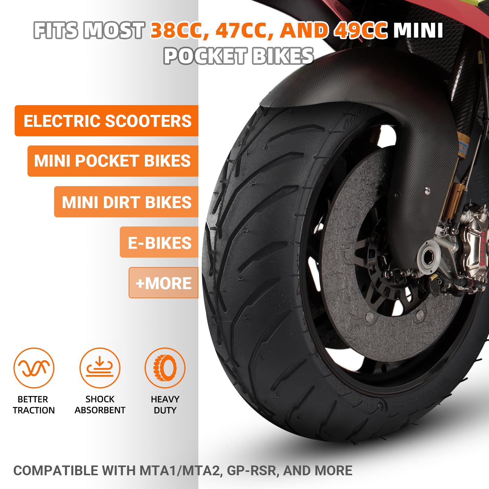 AR-PRO Universal Replacement Tire and Tube Set for Mini Pocket Bikes - 110/50-6.5, Rubber, Angled Valve Stem, Fits 38cc-49cc Models
