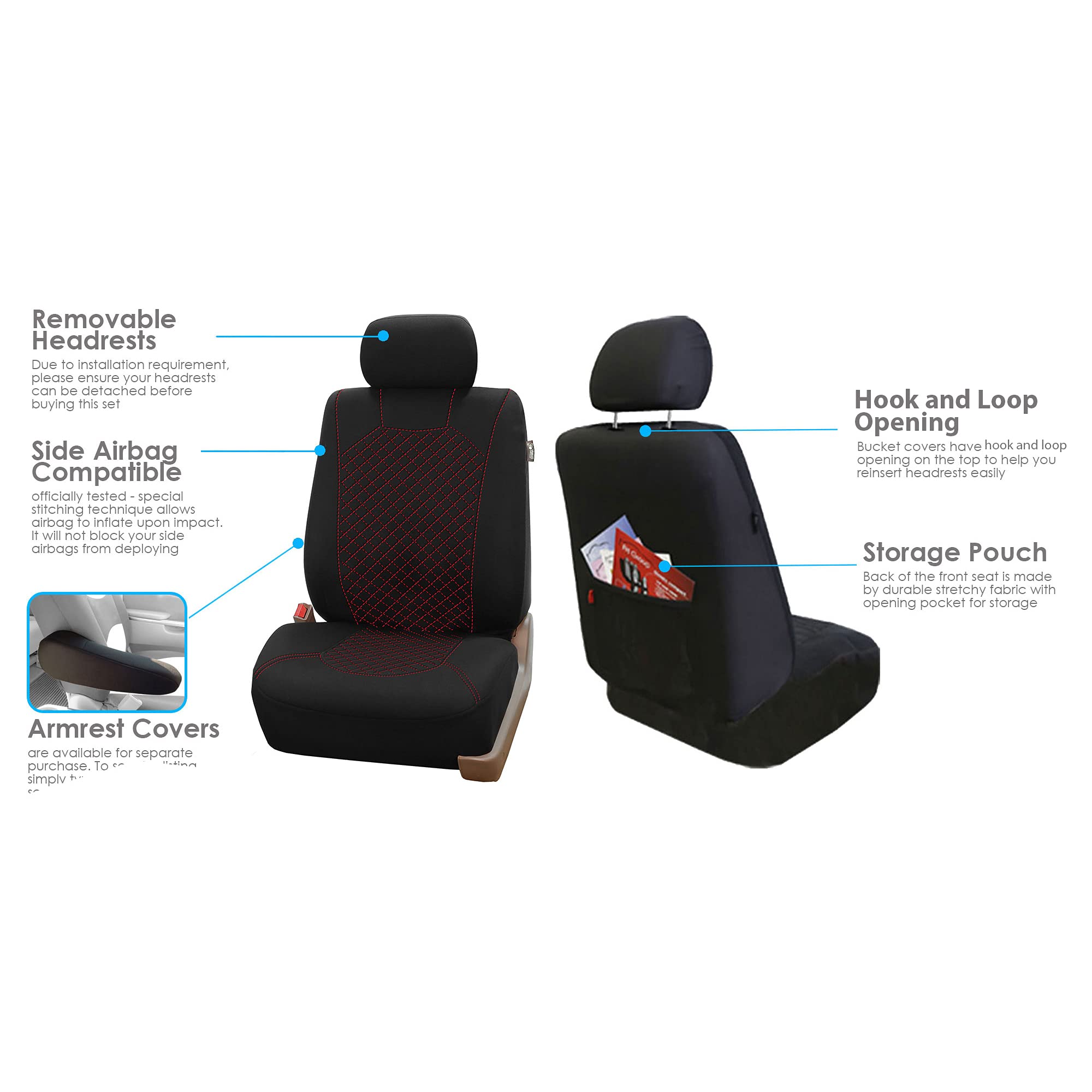 Fh Group Car Seat Covers Front Seats Only Quilted Flat Cloth Red Black Combo Non-Slip Dash Grip Pad, Airbag Compatible Universal