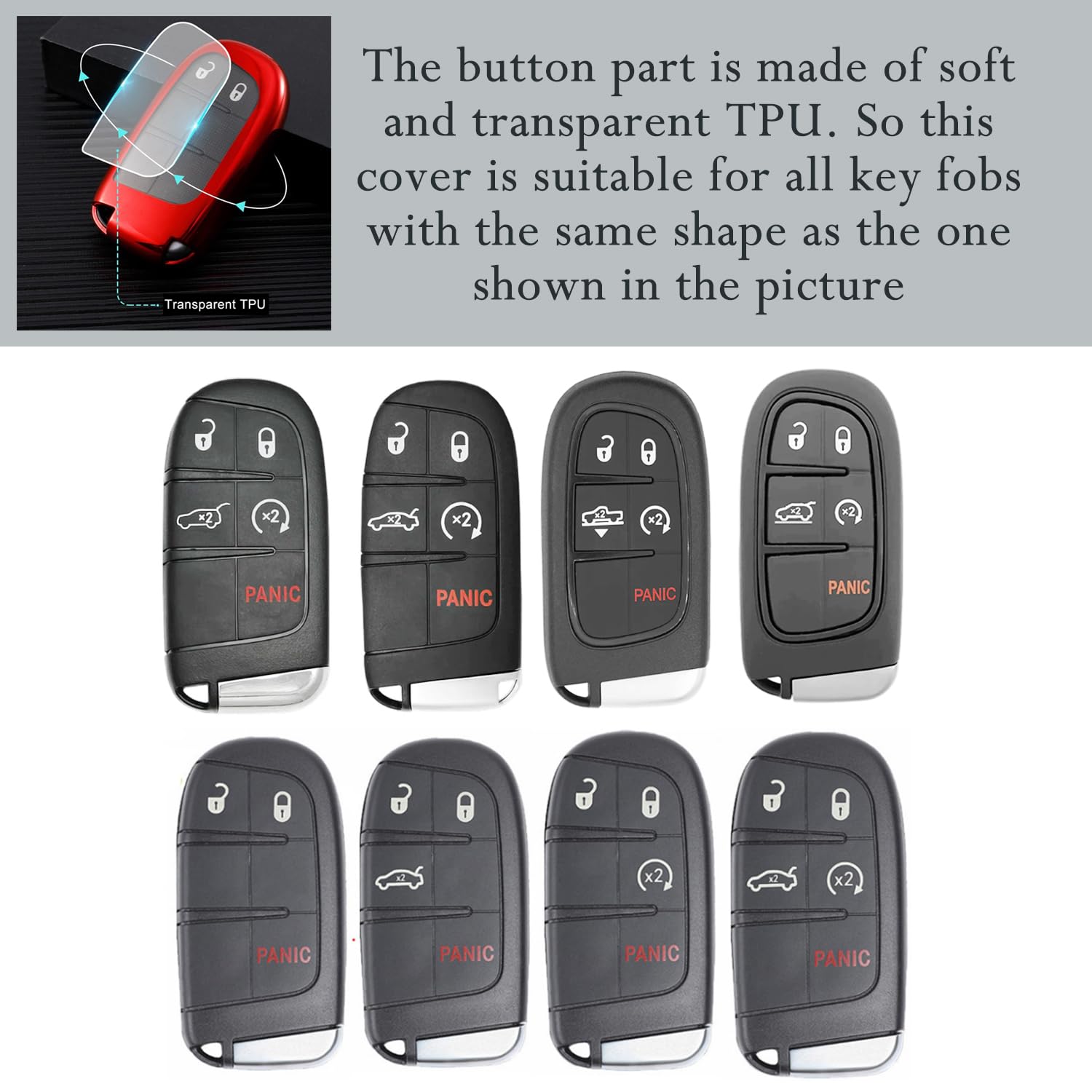 Tandrive Key Fob Cover Compatible With 2025 2024-2015 Jeep Compass Dodge Durango Cherokee Grand Cherokee Renegade Challenger Charger Ram Chrysler 300(3 4 5-Button, Red)