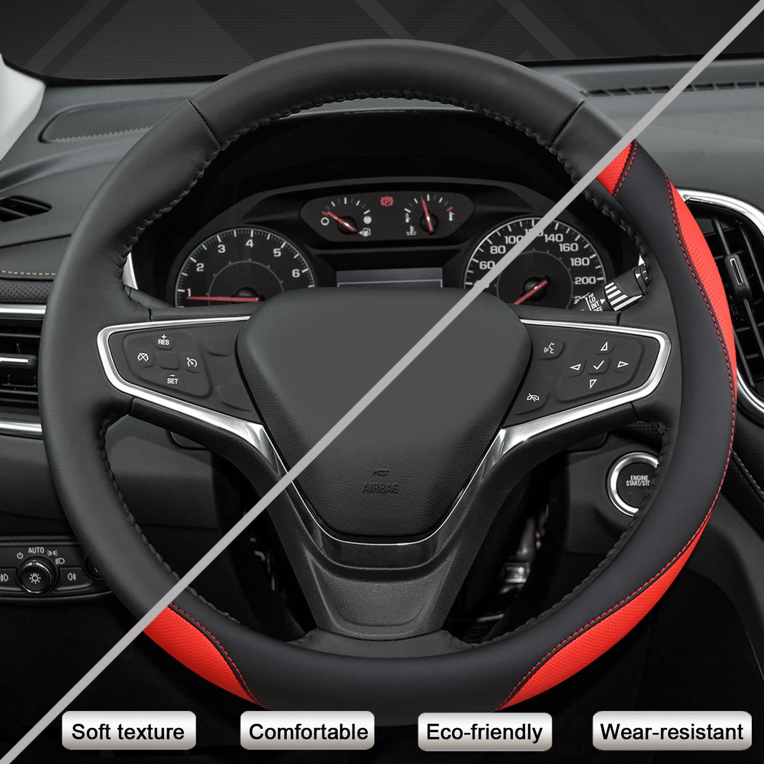 West Llama Steering Wheel Cover - Faux Leather, Standard Size (14.5-15"), Black+Red for Chevy