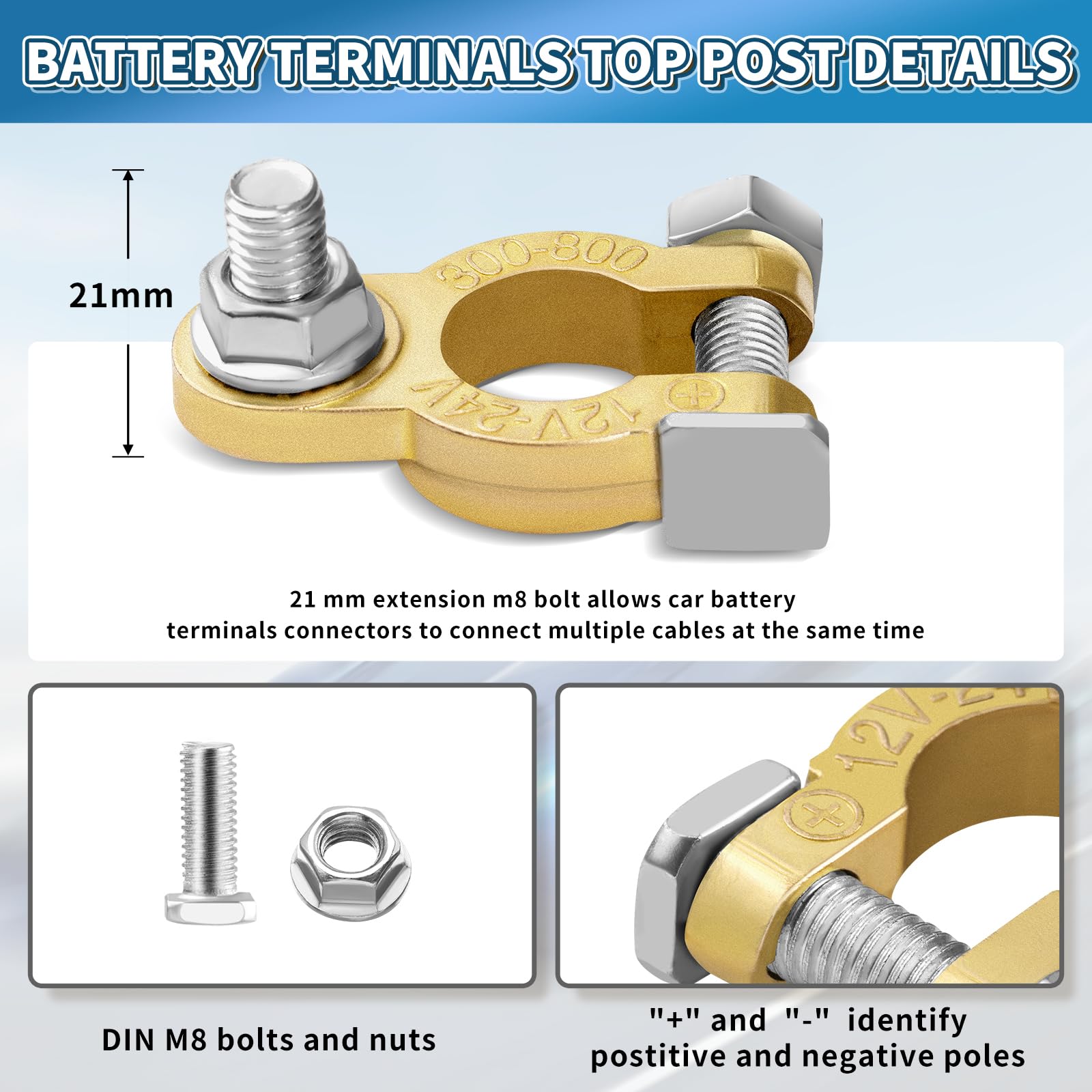 Battery Terminal Connectors 1 Pair, Battery Terminals M8 X 21Mm Bolt, Battery Cable Ends Pure Copper With Anti-Corrosion Pad For