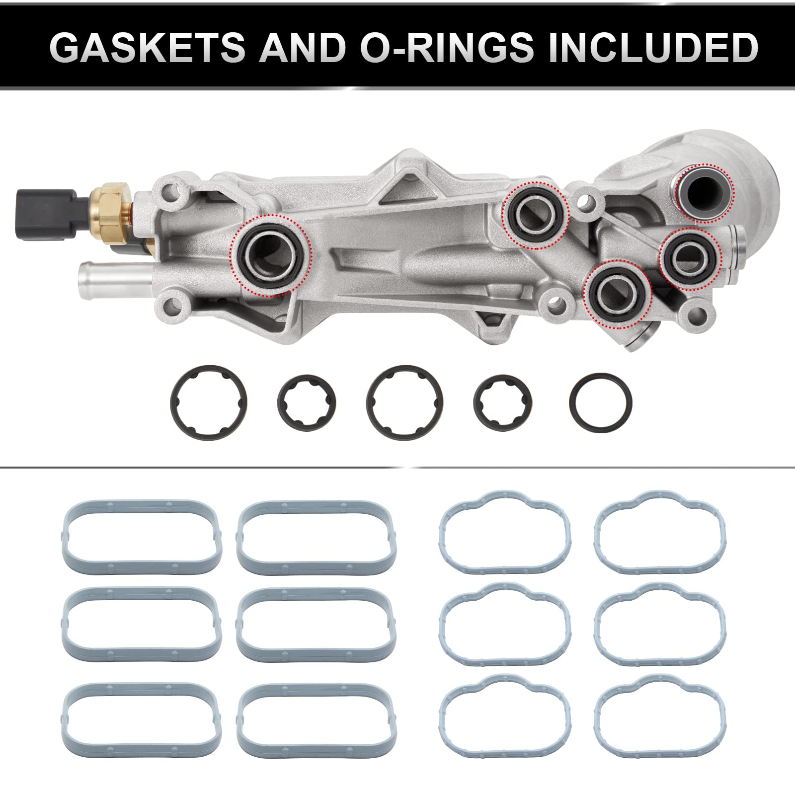 TEMSONE Aluminum Engine Oil Filter Housing Kit with Gaskets & Sensors for 2011-2016 Chrysler Dodge Jeep Ram - Black Plastic Cap