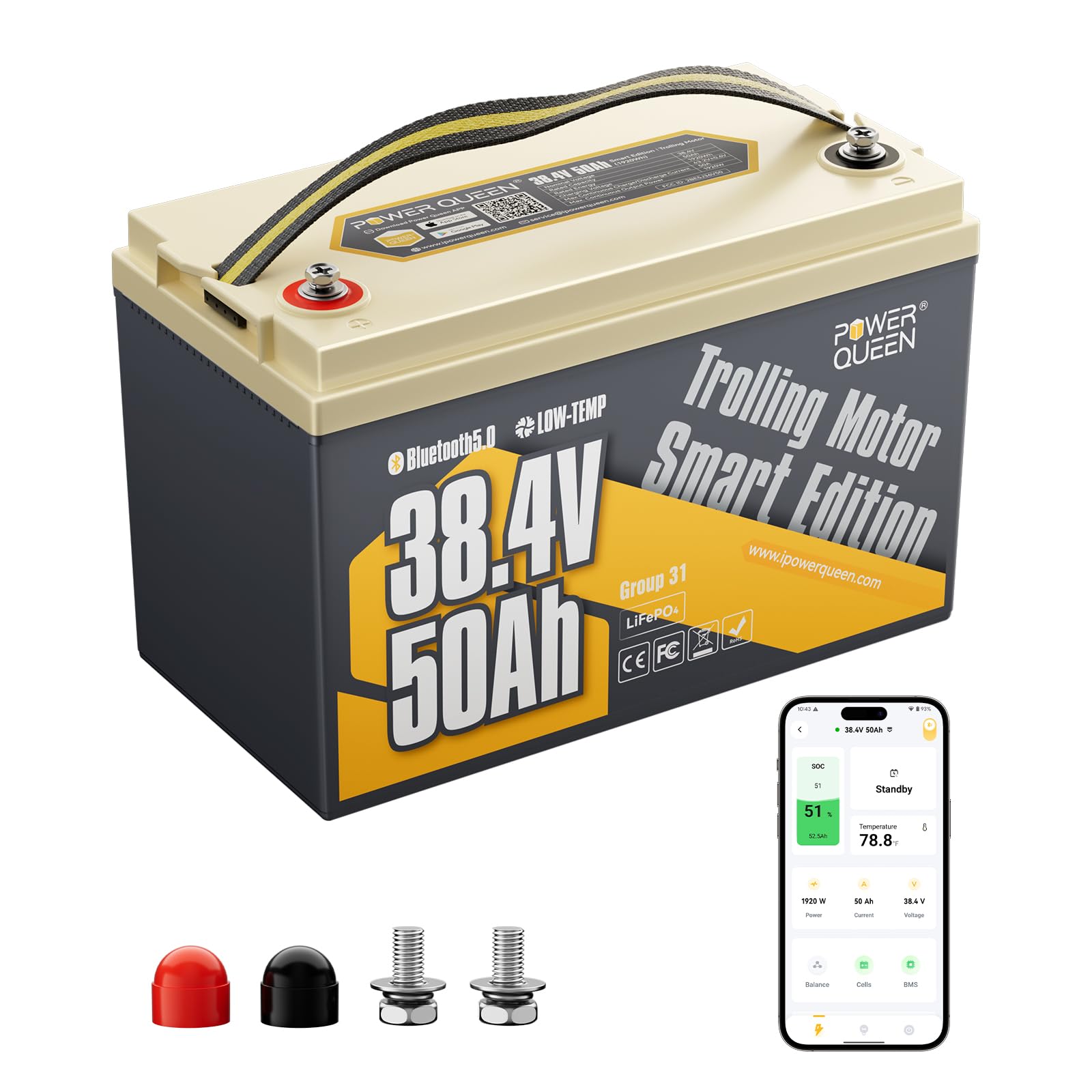 Power Queen 36V50Ah LiFePO4 Battery with Bluetooth 5.0 Remote Control, Low-temperature Protection, 1920Wh Energy, Deep Cycle Lit