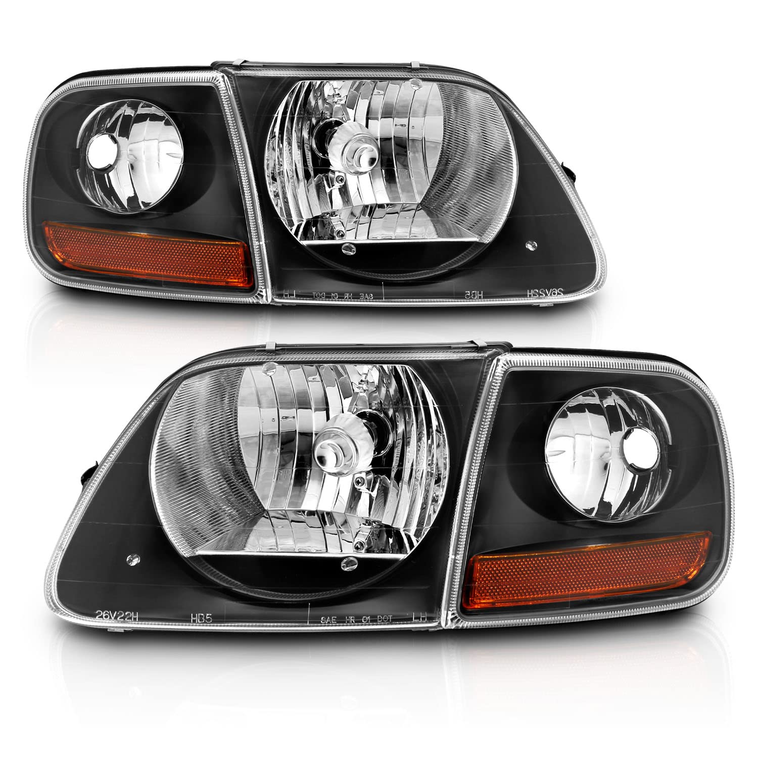 AmeriLite Halogen Headlights & Corner Parking Set for Ford F150 - Black, Crystal, Factory Style, Model 02-AZ-FF97-B-G2-SET-A