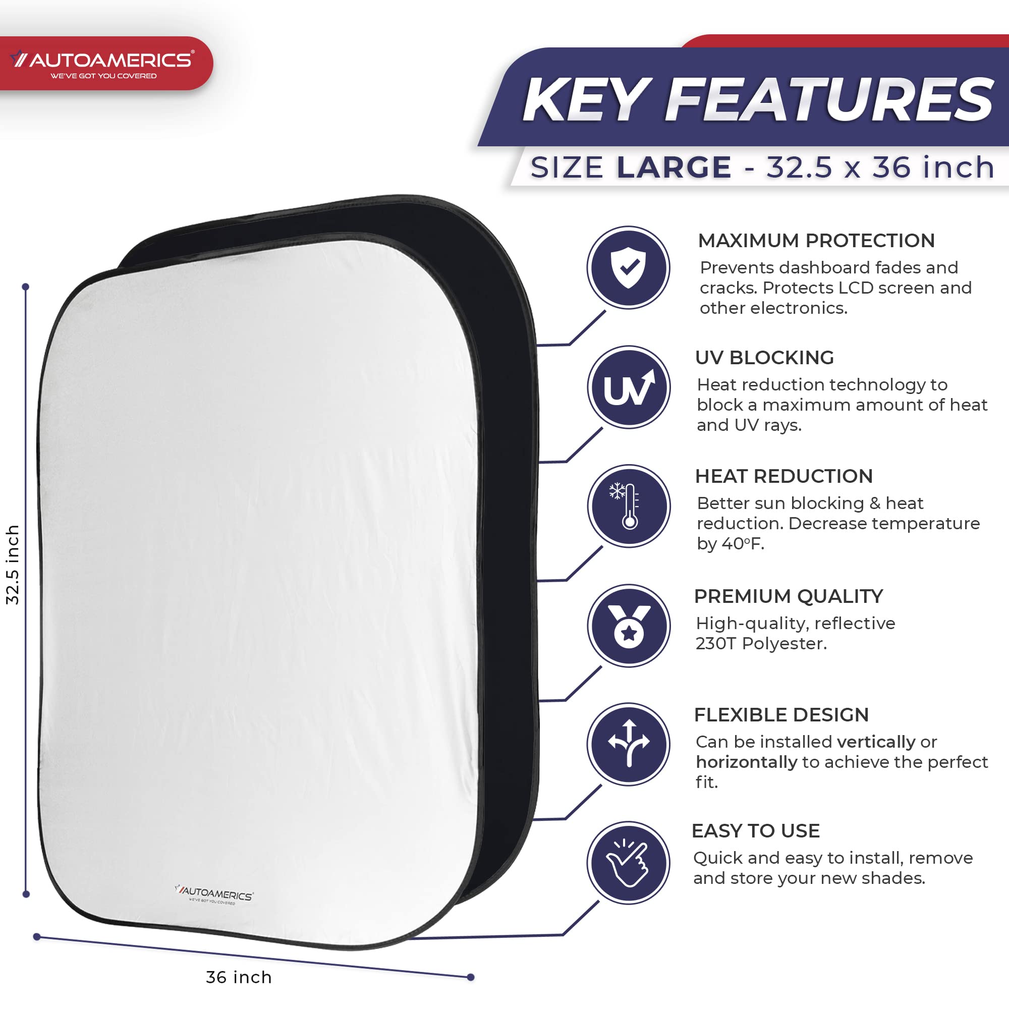 Autoamerics Windshield Sun Shade 2-Piece Foldable Car Front Window Sunshade for Full Size SUV Truck Tesla - Auto Sun Blocker Vis