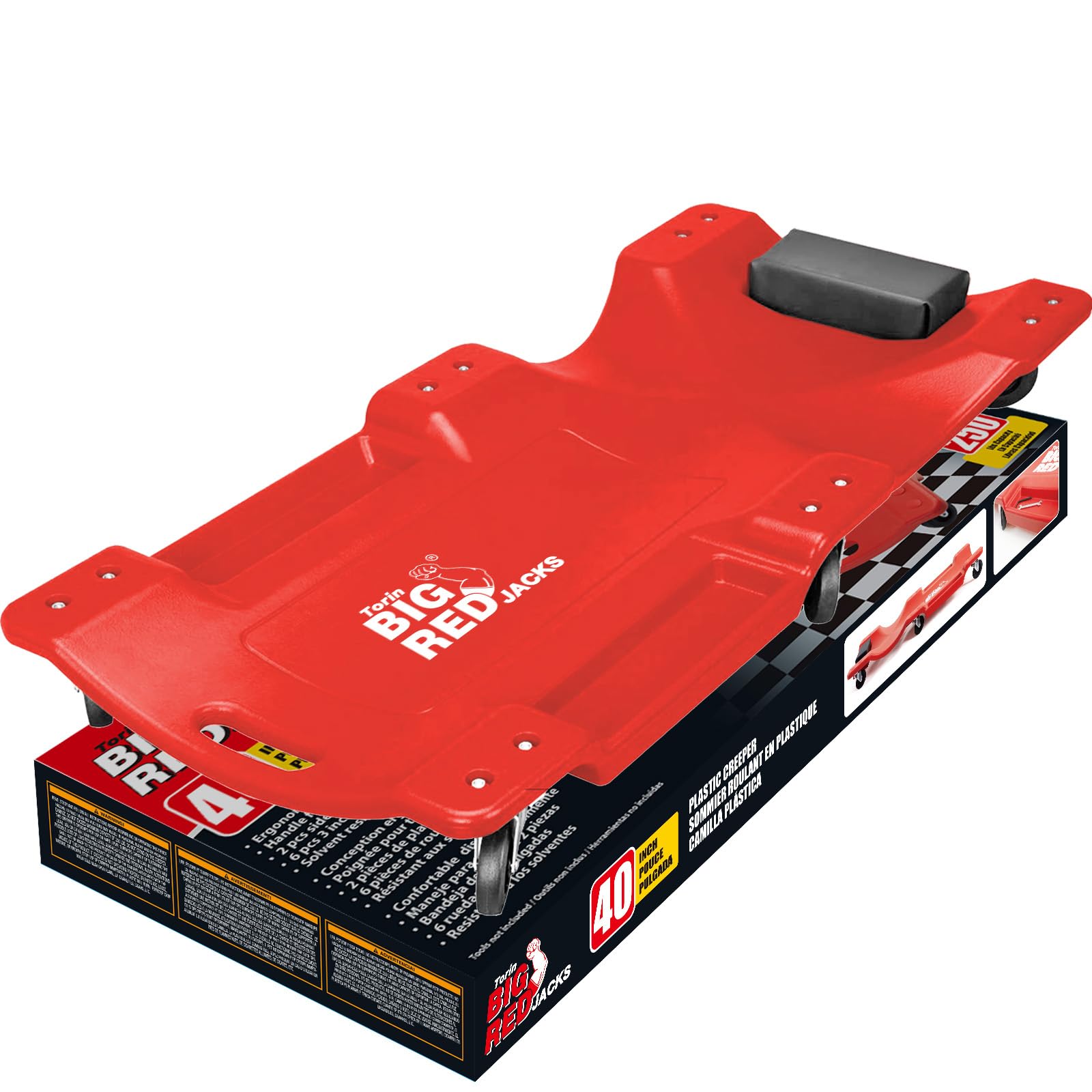 BIG RED TRP6240 Torin Blow Molded Plastic Rolling Garage/Shop Creeper: 40 Mechanic Cart with Padded Headrest, Dual Tool Trays an