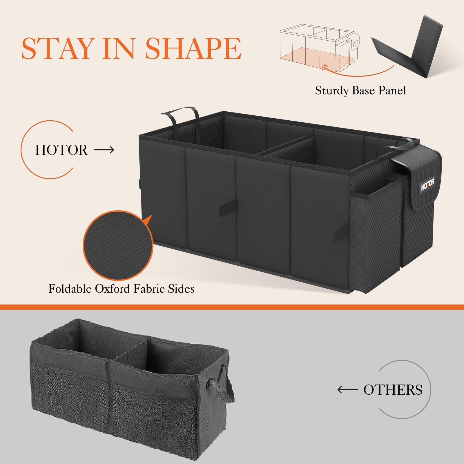 HOTOR Trunk Organizer - Foldable Car Storage, 2 Compartments, Oxford Cloth, 21.3"×12.6"×10.6", Black, Model US11032