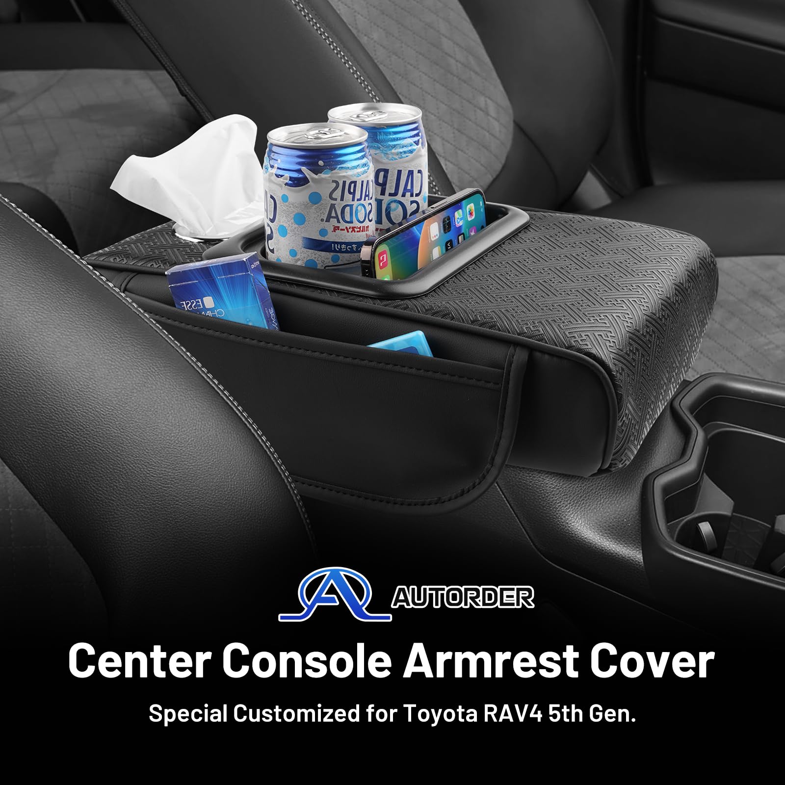 Autorder Center Console Cover for Toyota RAV4 2019-2025, Leather Armrest Cushion with Storage Slot, Anti-Scratch Design