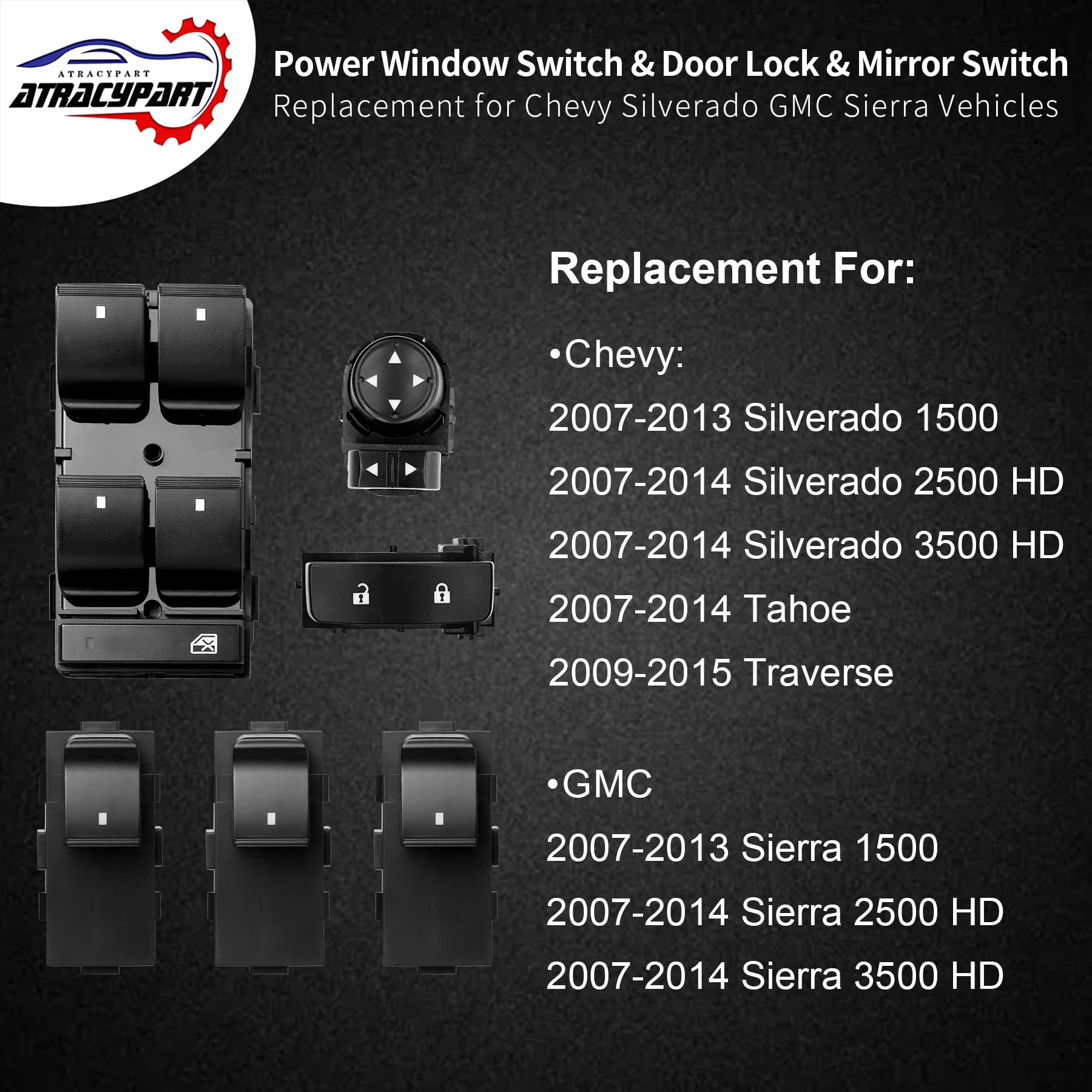 ATRACYPART Power Window Switch Set for 2007-2015 Chevy Silverado & GMC Sierra, Black, ABS, Includes Driver & Passenger Switches, Model AP-KG72