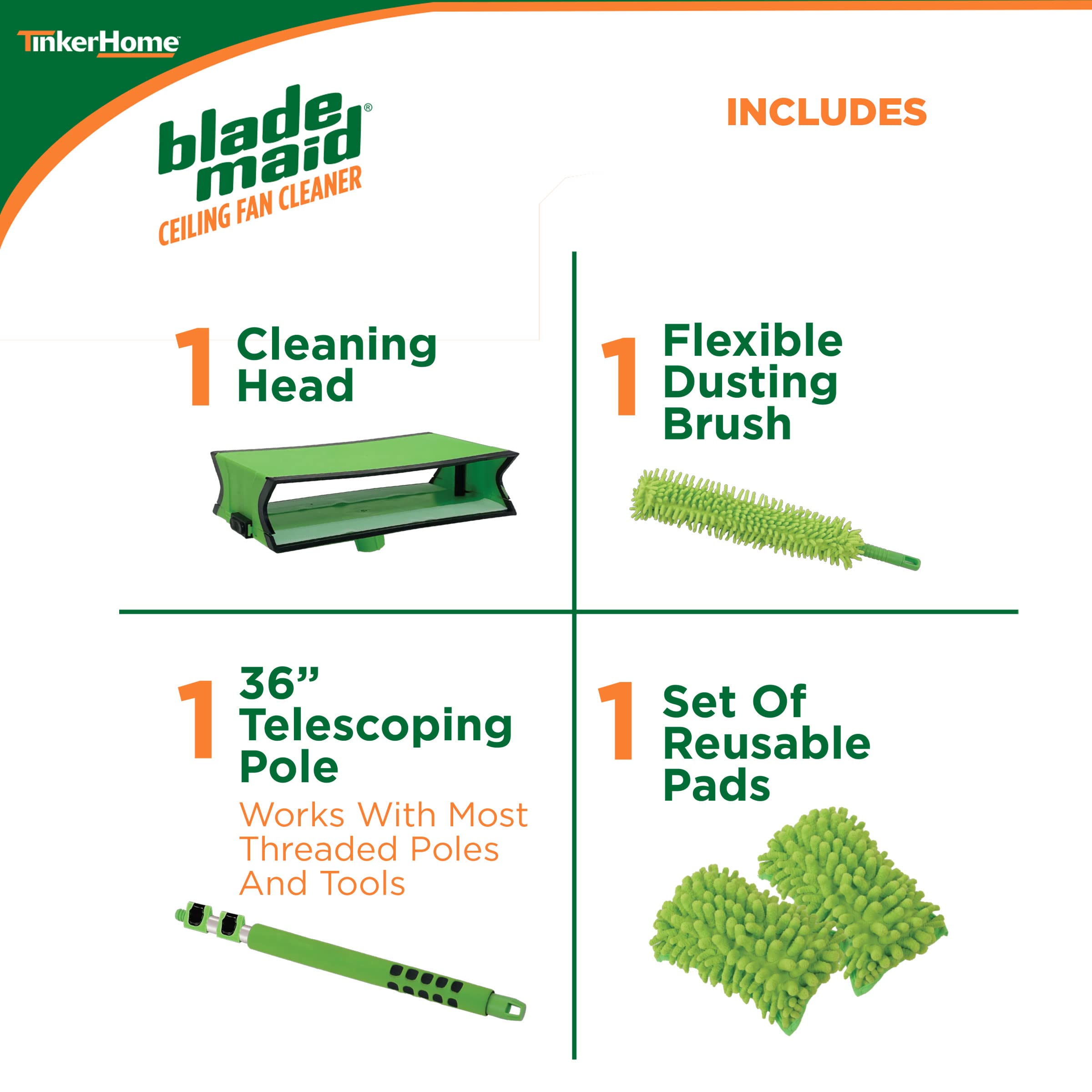 Blade Maid Ceiling Fan Cleaner - Extendable 3ft Microfiber Dusting Brush, Wall Duster, Removes Cobwebs, Reusable Pads, Kit