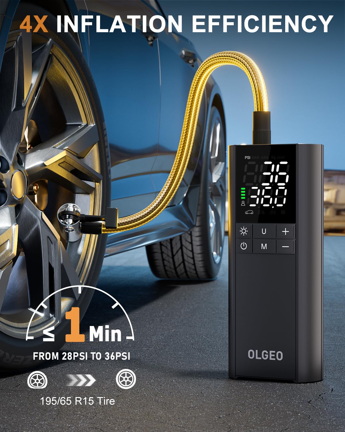 Olgeo Portable Air Compressor, 170PSI Tire Inflator, Black, Model M7, Fast Cordless Pump for Car, Motorcycle, Bicycle, and Ball