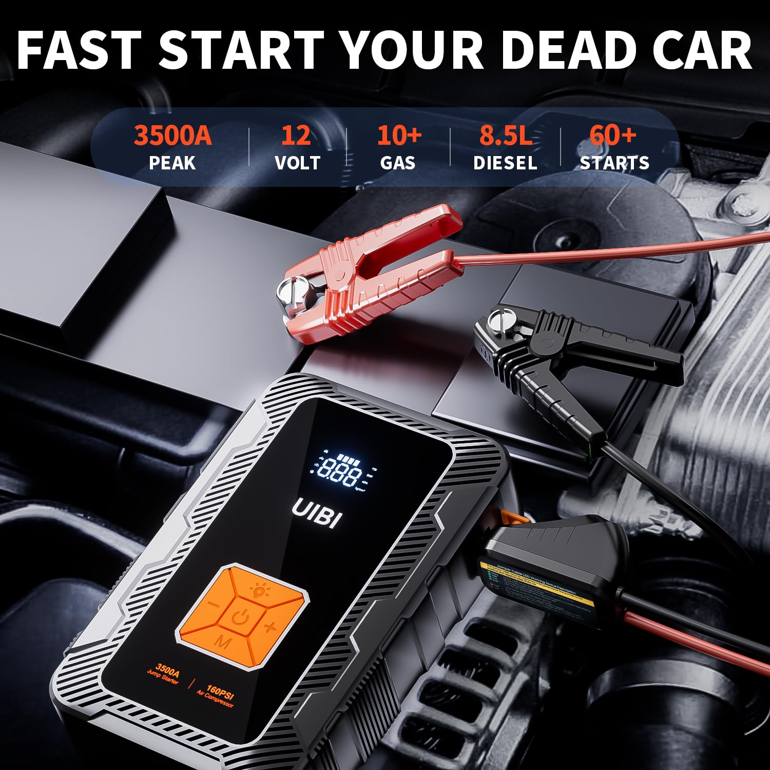 UIBI X7 Jump Starter & Air Compressor 3500A, 24000mAh, 160PSI, Portable Tire Inflator for 10L Gas/8.5L Diesel,