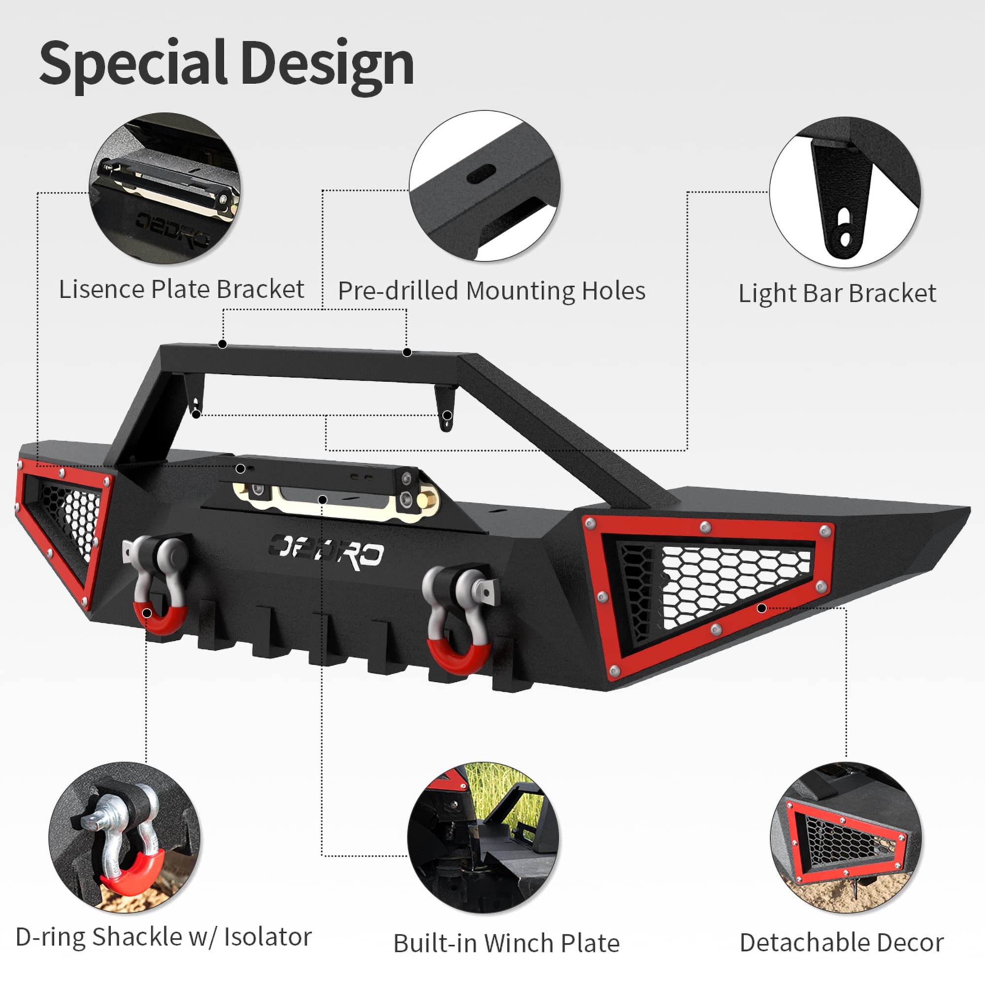 OEDRO Front Bumper for 2007-2025 Jeep Wrangler JK/JL/JT, Carbon Steel, Red, Full Width with Winch Plate & D-Rings