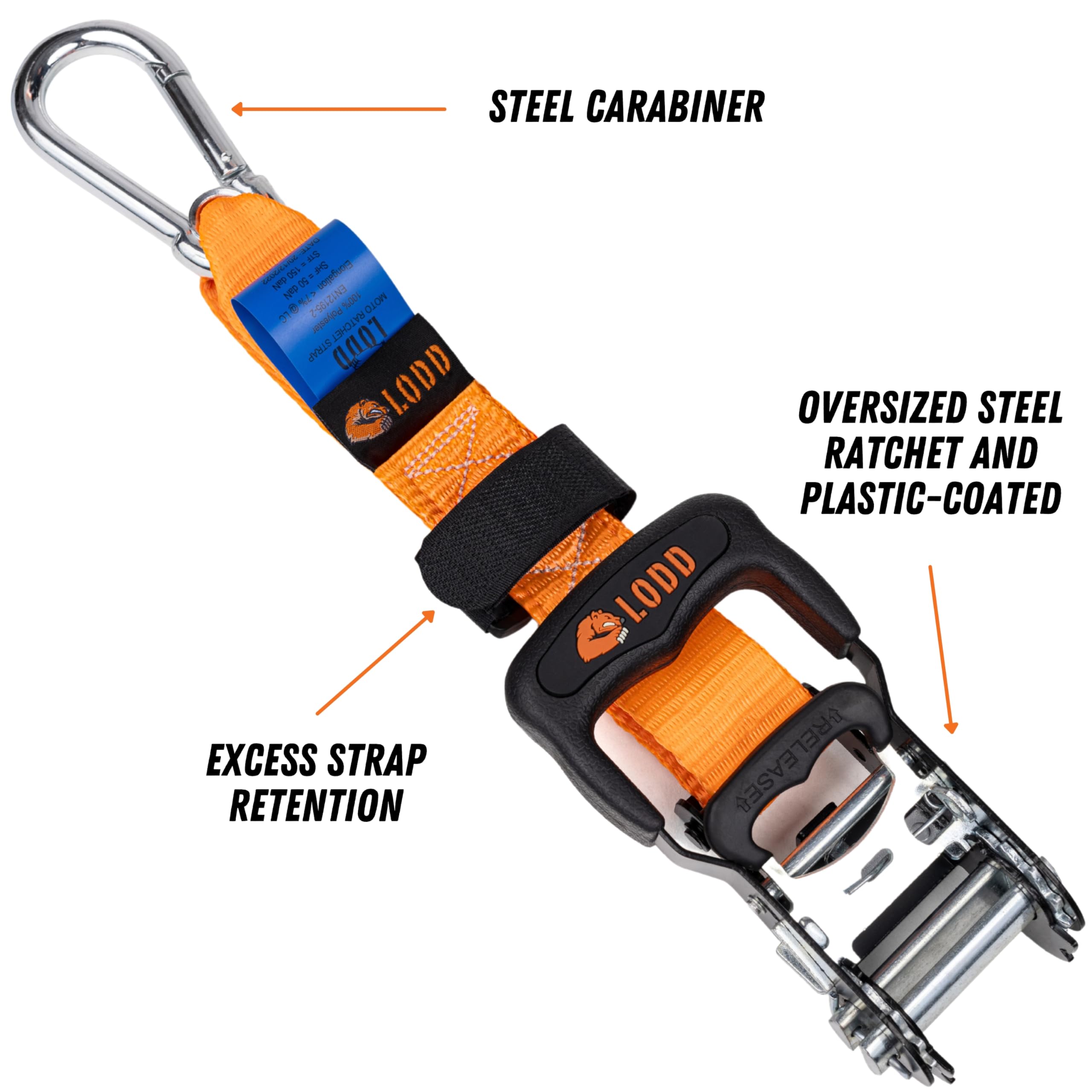 LODD Motorcycle Tie Down Straps - 38mm, Black & Orange, Polyester, 3300 lb Strength, Includes Carry Case, Model MTD1L