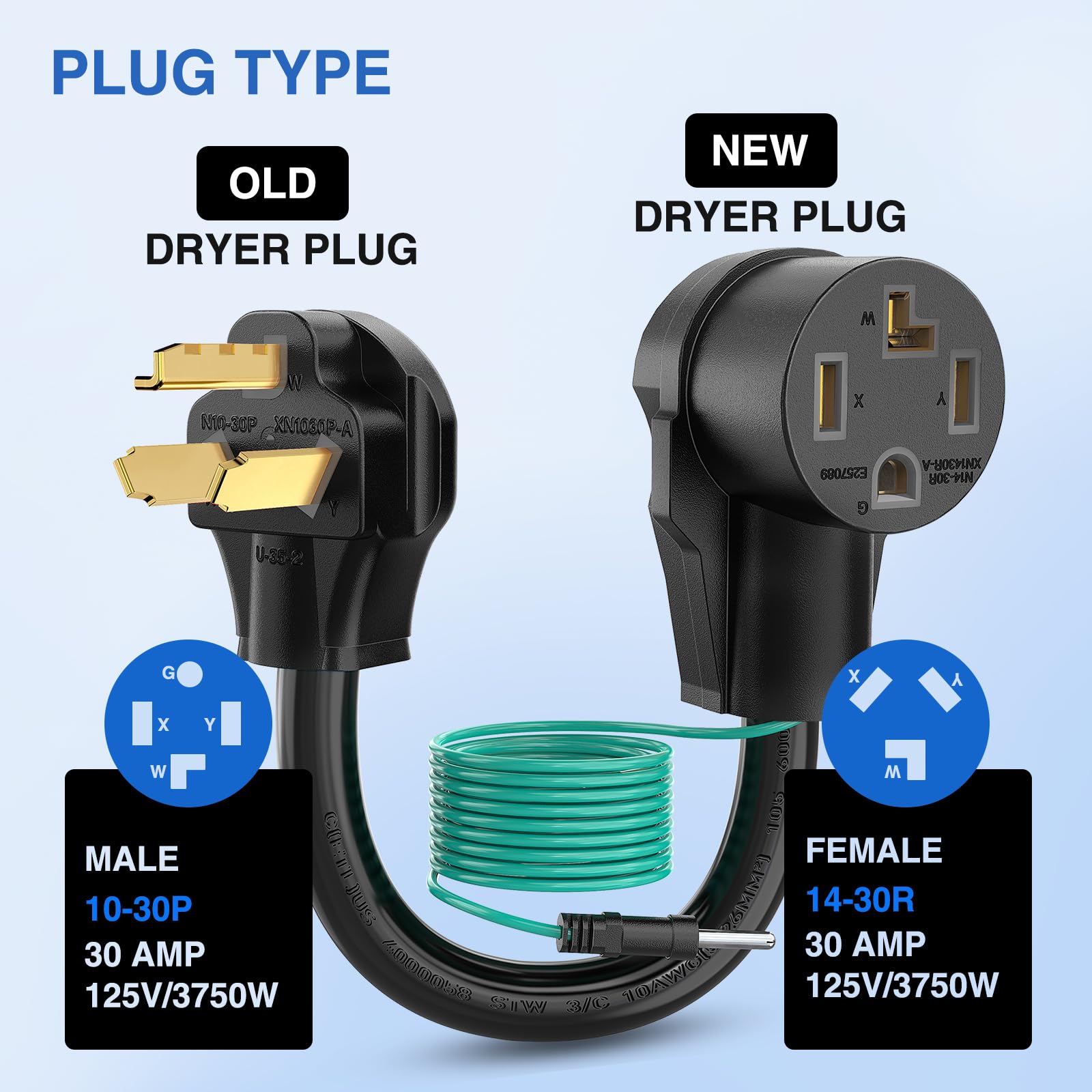 Nilight 30 Amp EV Dryer Adapter Cord - 10 Gauge, 3750 Watt, Black, 10-30P to 14-30R, Heavy Duty Conversion Plug