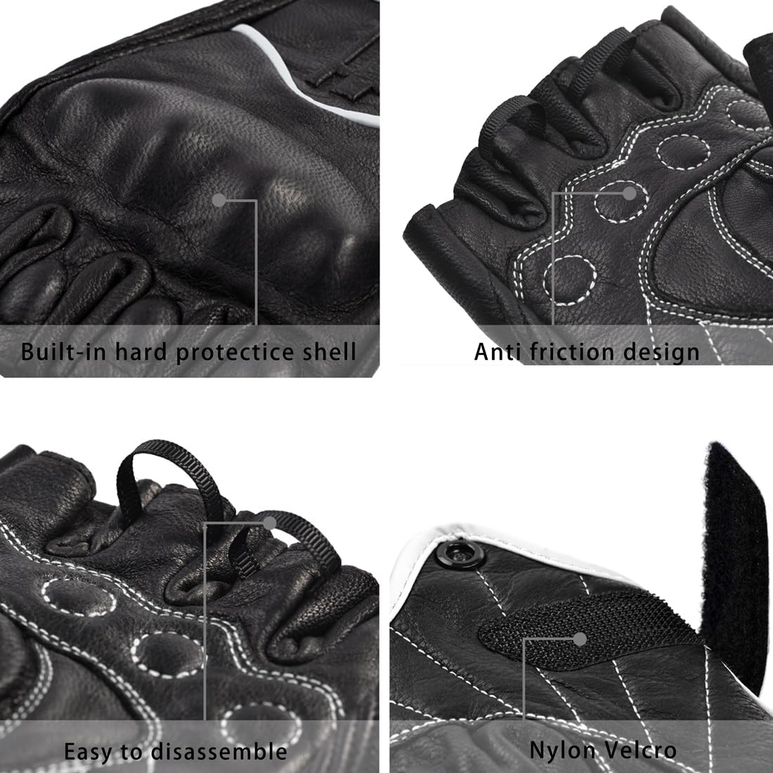 Harssidanzar Fingerless Motorcycle Gloves For Mens Leather Riding Driving Half Finger Gloves Gm037, Black/White, Size Large