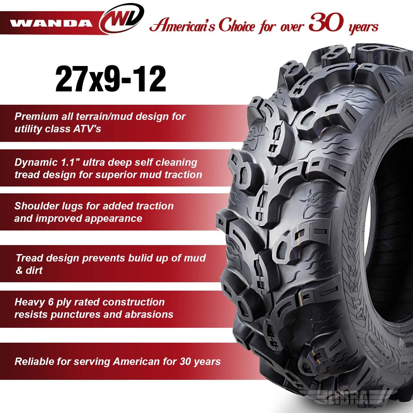 Wanda Set Of 4 Atv Utv Tires 27X9-12 27X9X12 6Pr Super Lug Mud