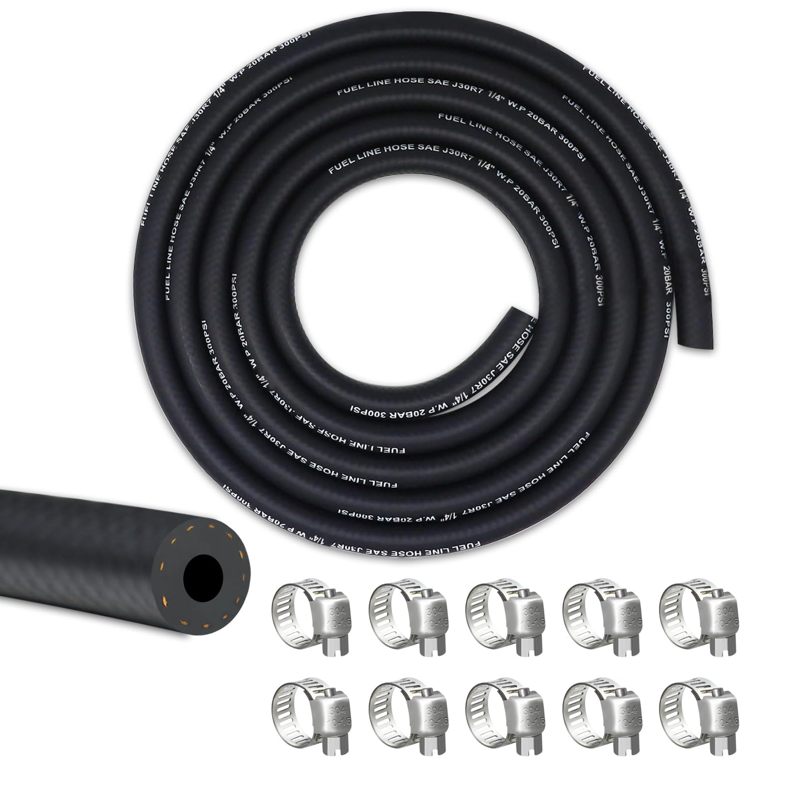 Vwtni 1/4 Fuel Line, Fuel Line Hose 10 Feet, Nbr Rubber Gasoline Tube With 10 Pcs Stainless Steel Fuel Line Clamps, Fuel Line Ki